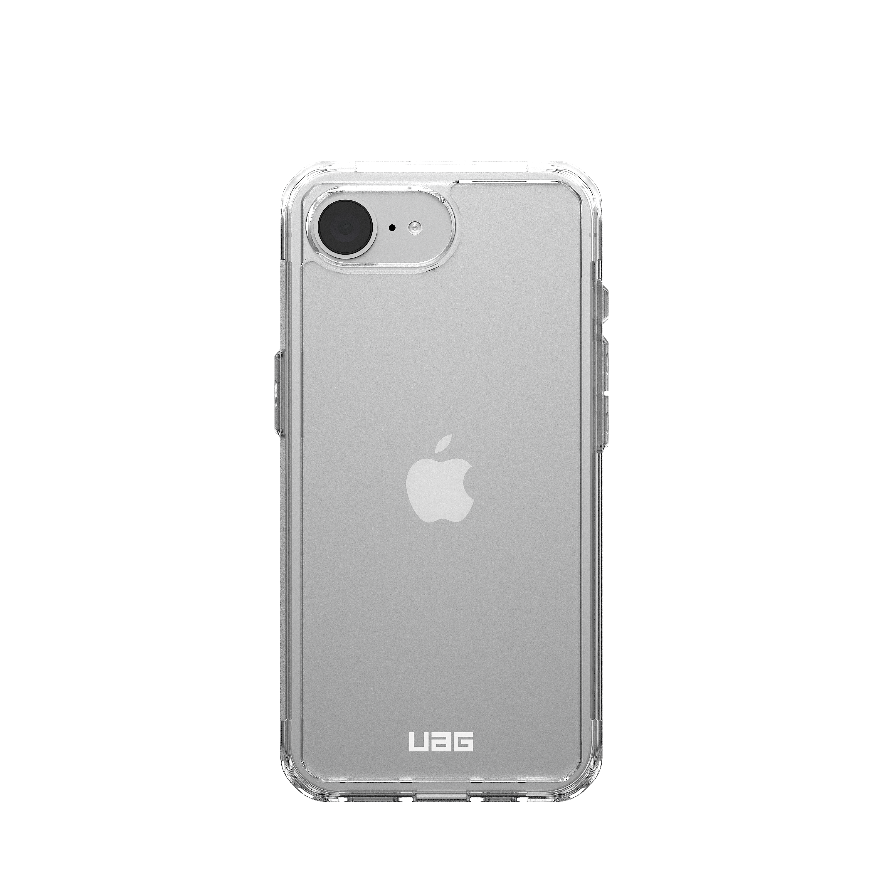 Coque de téléphone transparente avec le logo Apple sur fond noir.