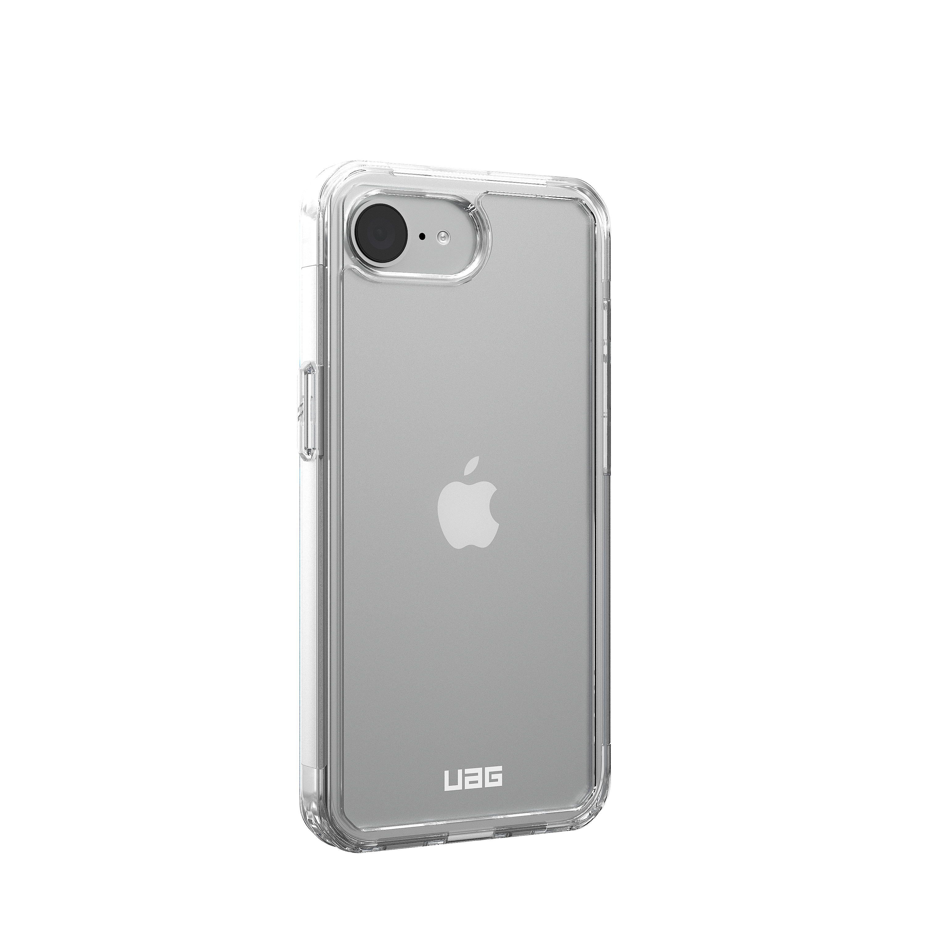 Une coque de téléphone transparente avec le logo Apple sur fond noir.