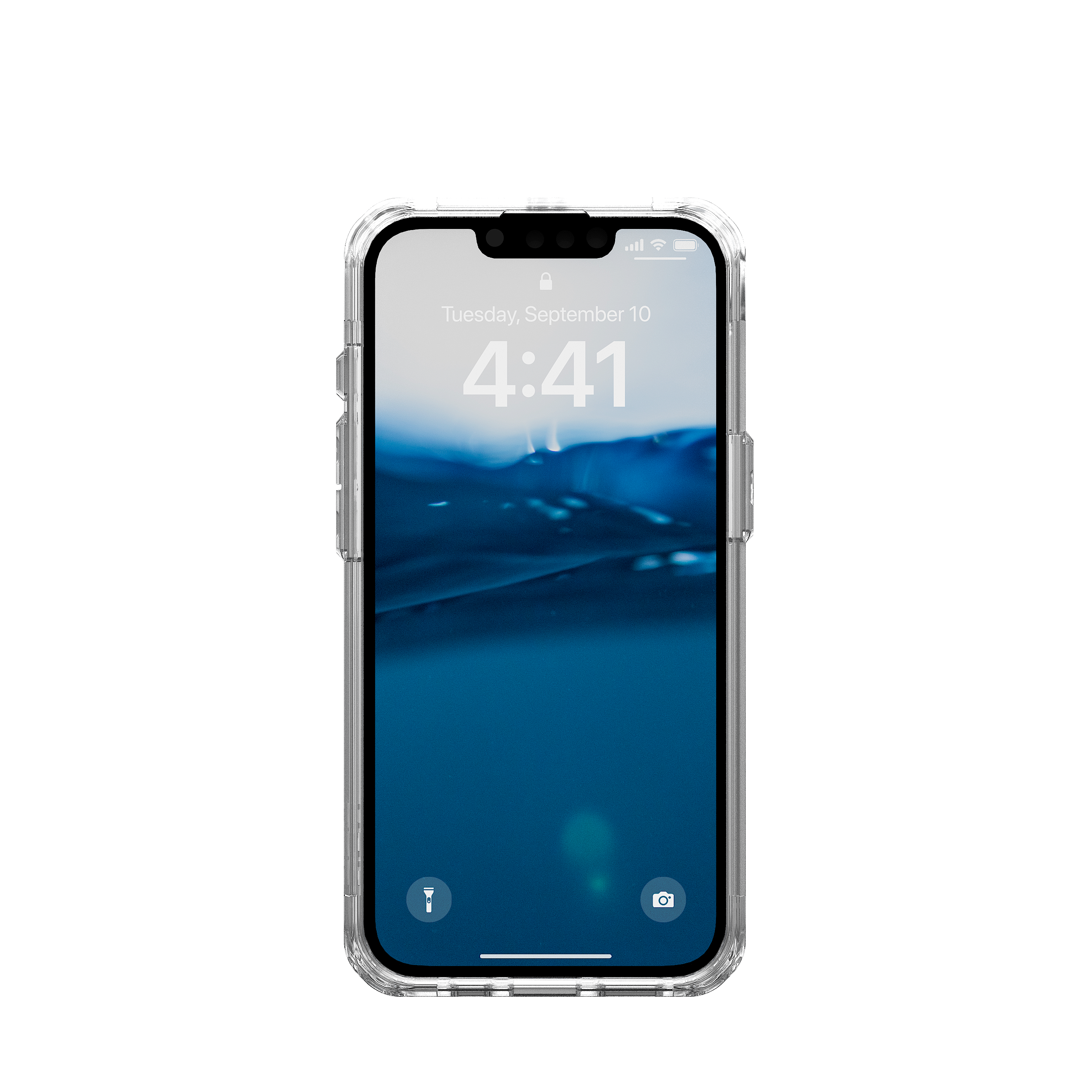 Un téléphone avec un étui transparent affiche la date et l'heure. L'arrière-plan est bleu.