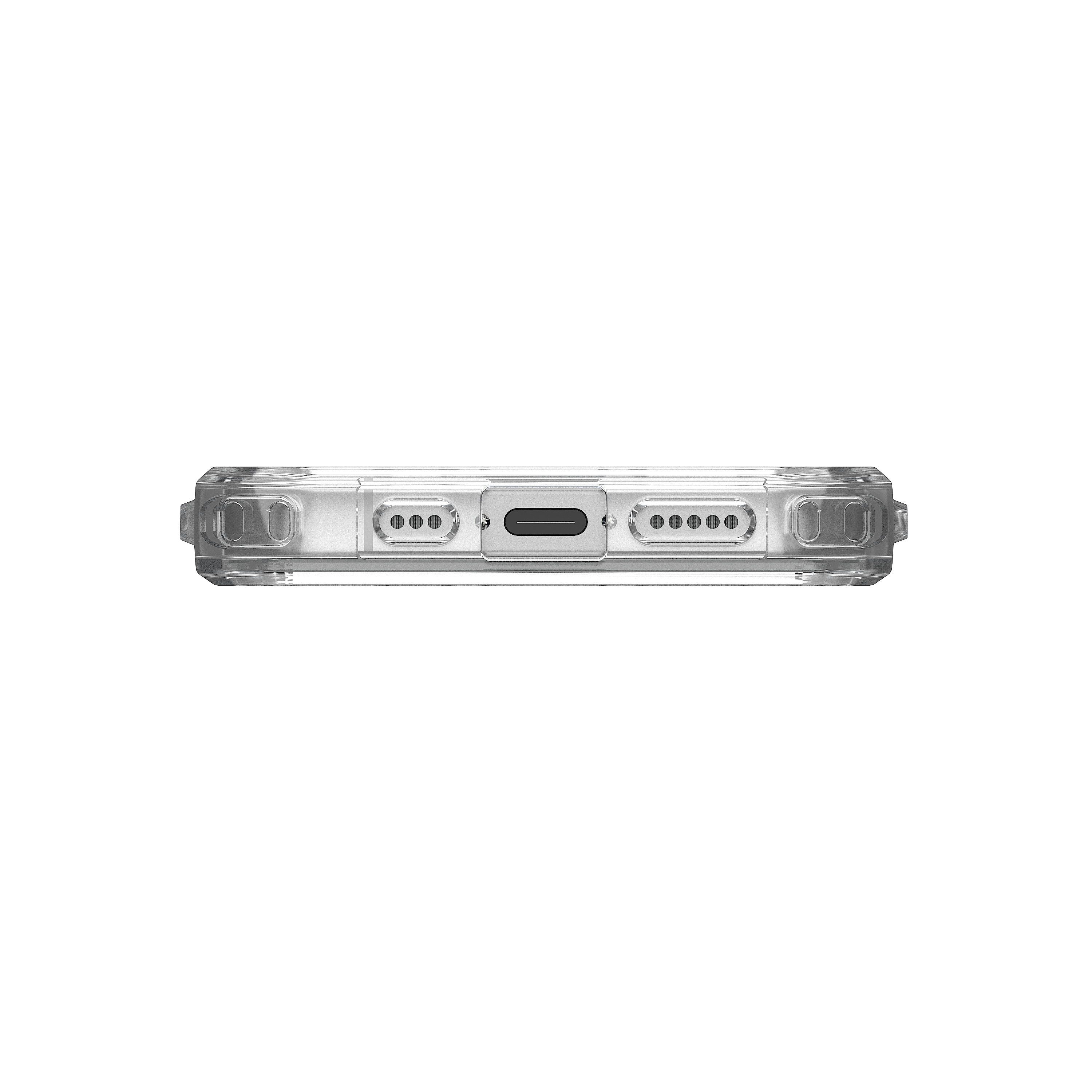 Une coque de téléphone transparente avec ports et boutons visibles.