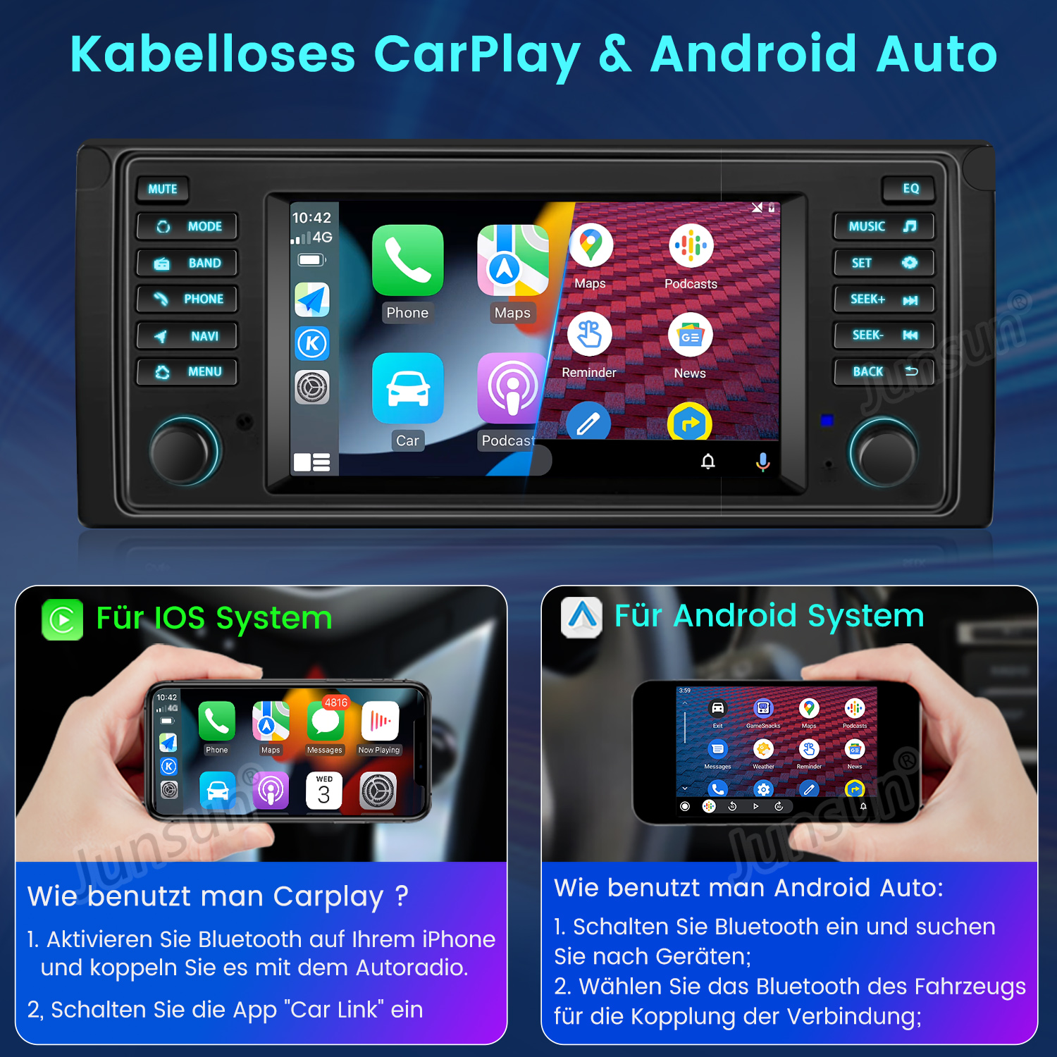 Radio samochodowe z wyświetlaczem pokazującym aplikację nawigacyjną. Poniżej dwa telefony wyświetlające CarPlay i Android Auto.