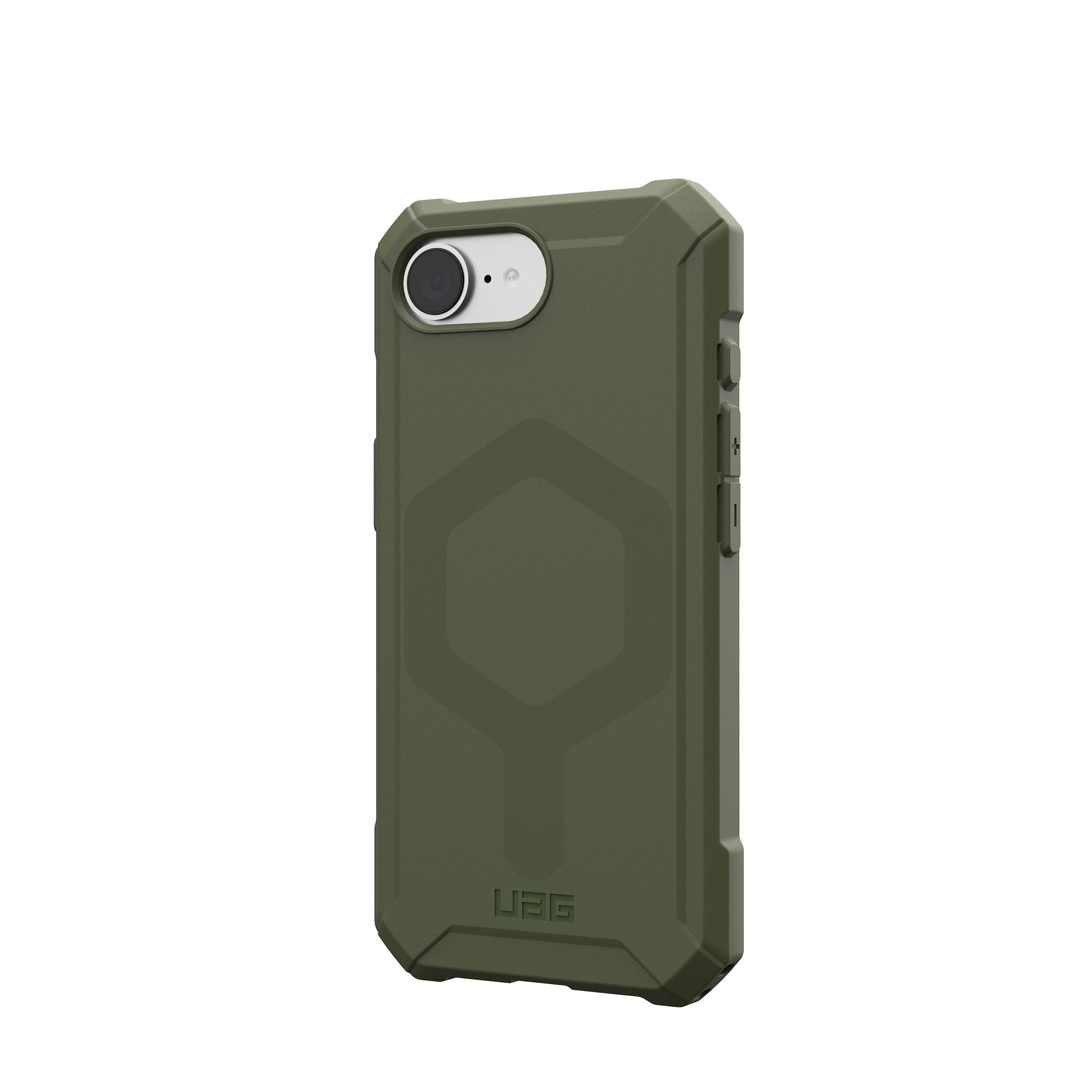 Eine olivgrüne Handyhülle mit sechseckigem Design und Kameraöffnung. Das UAG-Logo ist sichtbar.