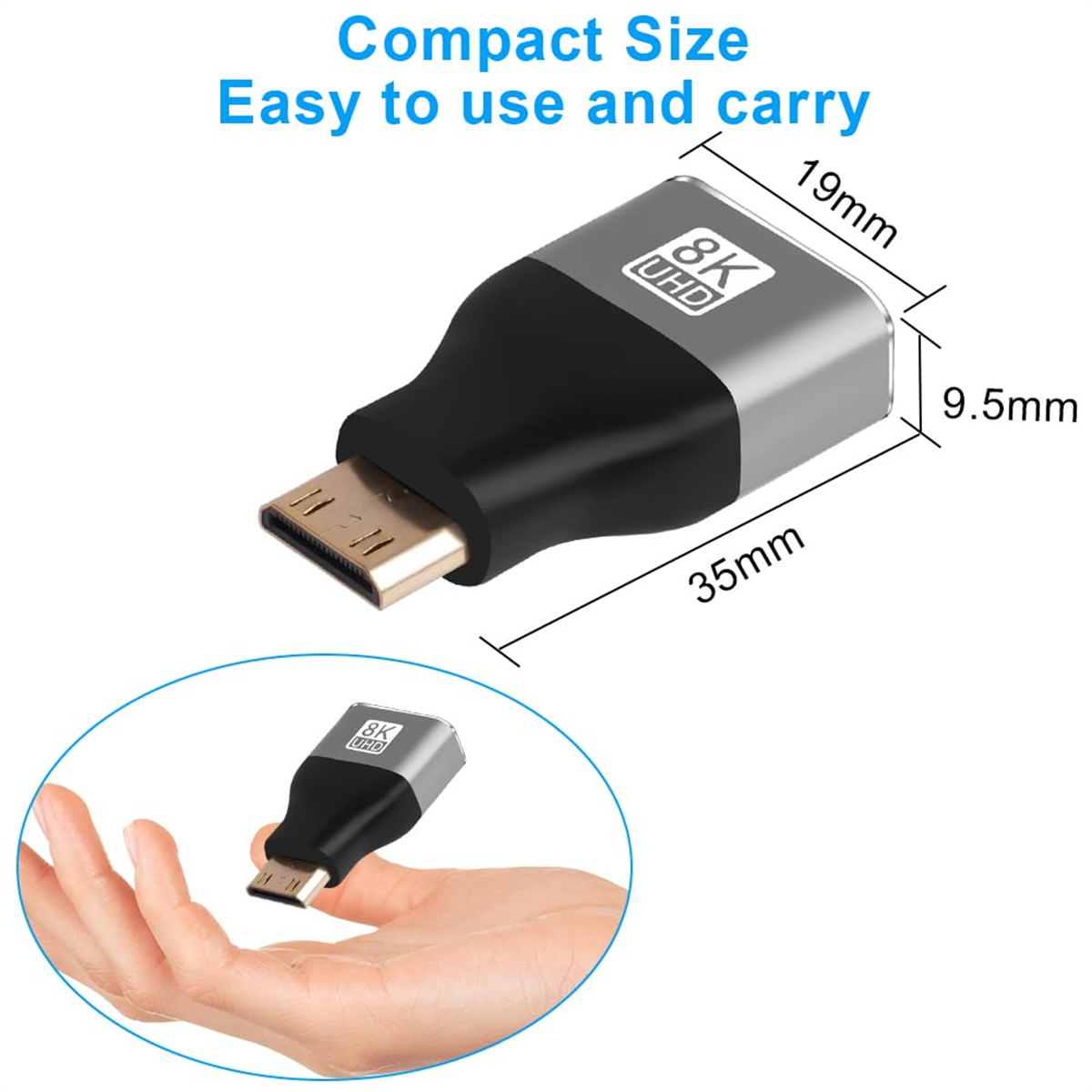 Ein kleiner HDMI-Adapter. Er ist silber und schwarz, mit Abmessungen und '8K UHD' bedruckt.