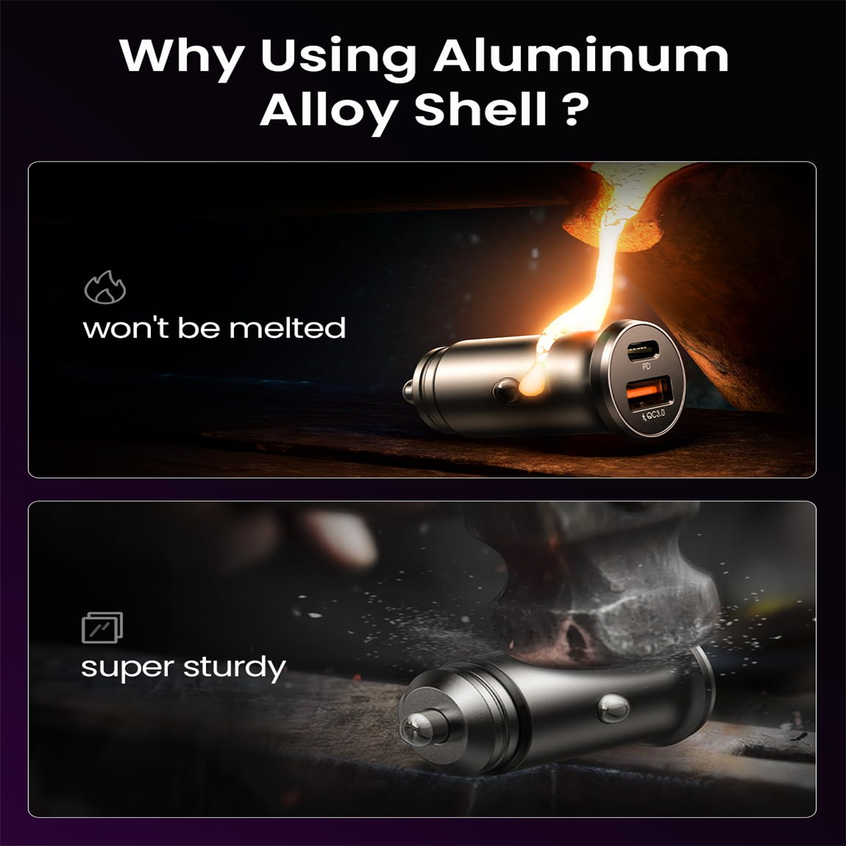 Zwei Nahaufnahmen eines Ladegeräts mit Aluminiumlegierung. Text: Schmilzt nicht, super robust.