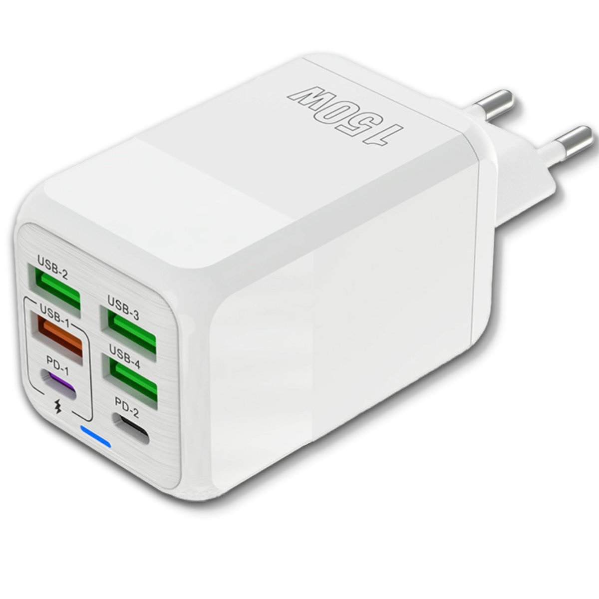 Ein weißes 150W Multi-Port-Ladegerät mit USB-Anschlüssen. Es hat einen Euro-Stecker. Das Ladegerät ist weiß.