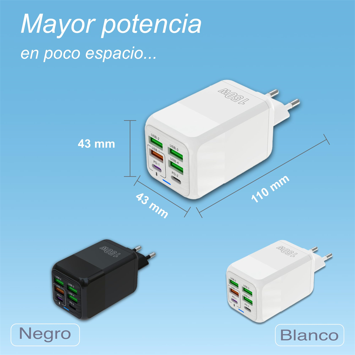 Drei Netzadapter, schwarz und weiß, mit USB-Anschlüssen, Abmessungen und spanischen Etiketten.