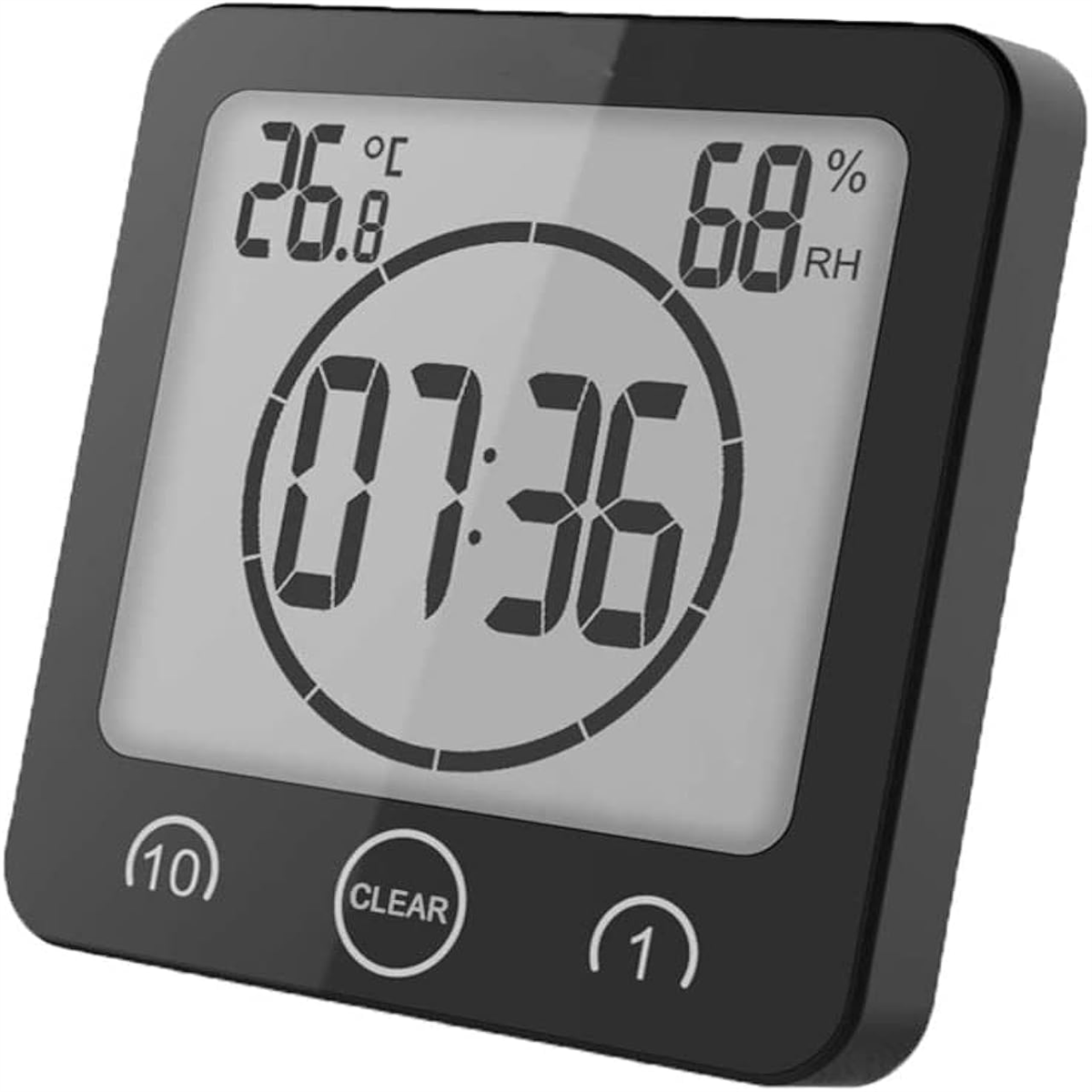Eine Digitaluhr mit Anzeige von Temperatur, Luftfeuchtigkeit und Uhrzeit.