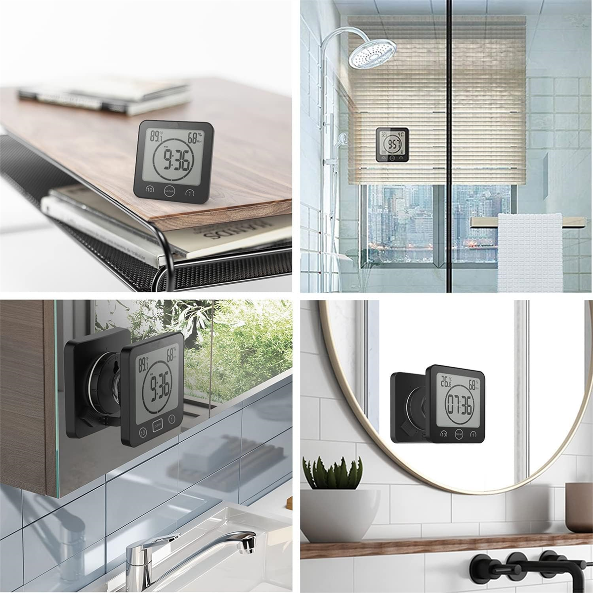 Vier Bilder einer quadratischen Digitaluhr in verschiedenen Umgebungen: Regal, Dusche und Spiegel.