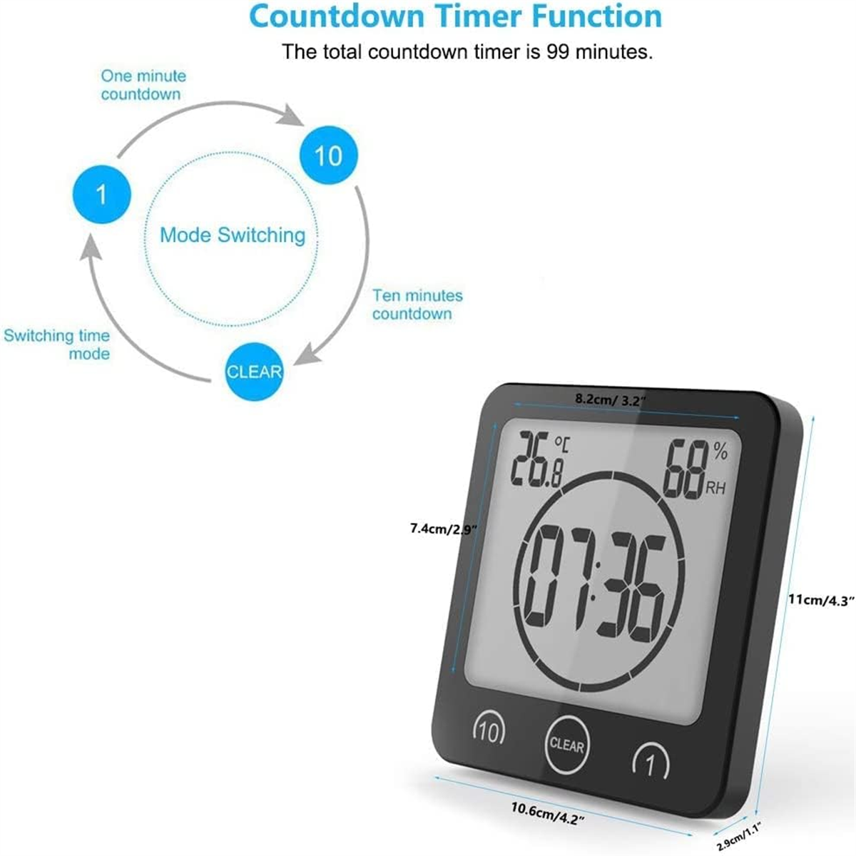 Ein digitaler Timer mit Countdown-Funktion und einem Moduswechsel-Diagramm.