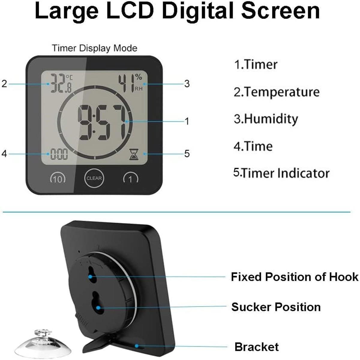 Digitaler Küchentimer mit großem LCD-Bildschirm. Temperatur, Luftfeuchtigkeit und Zeit werden angezeigt.