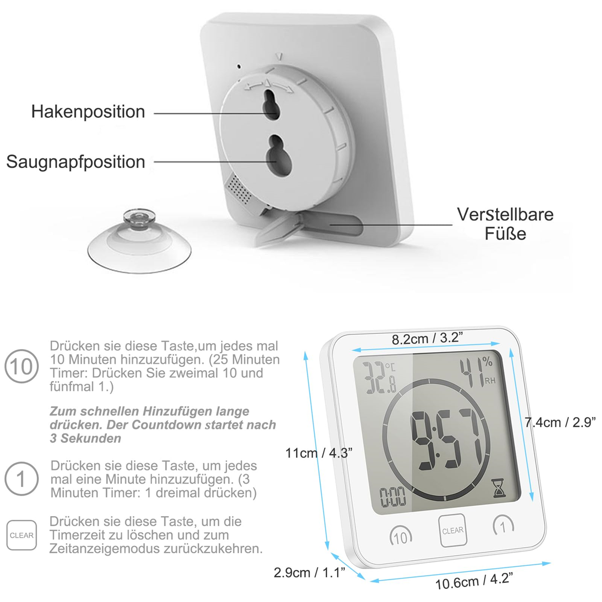 Digitaler Küchentimer, mit Beschriftungen, Abmessungen und einem Saugnapf zur Befestigung.