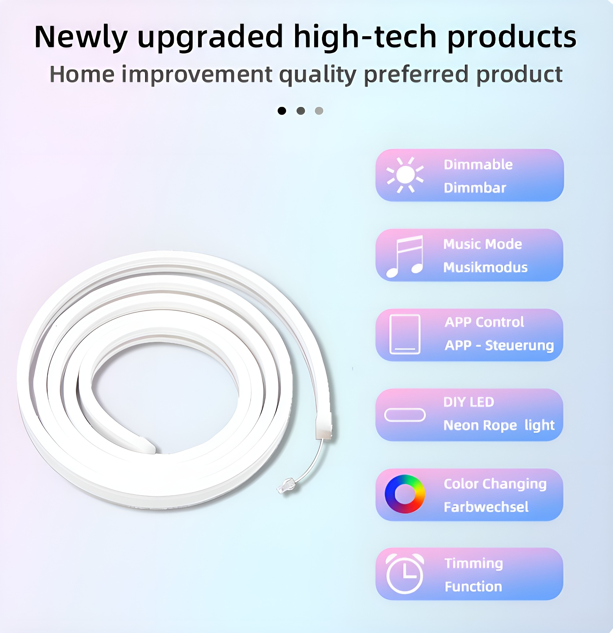 Weißer Neon-Lichtstreifen und Produktmerkmale, einschließlich dimmbar, Musikmodus und Farbwechsel.