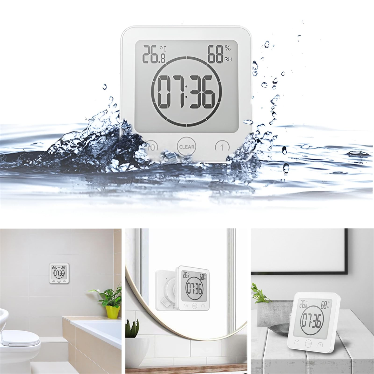 Eine weiße digitale Badezimmeruhr, die Zeit und Luftfeuchtigkeit mit Wasserspritzern anzeigt.