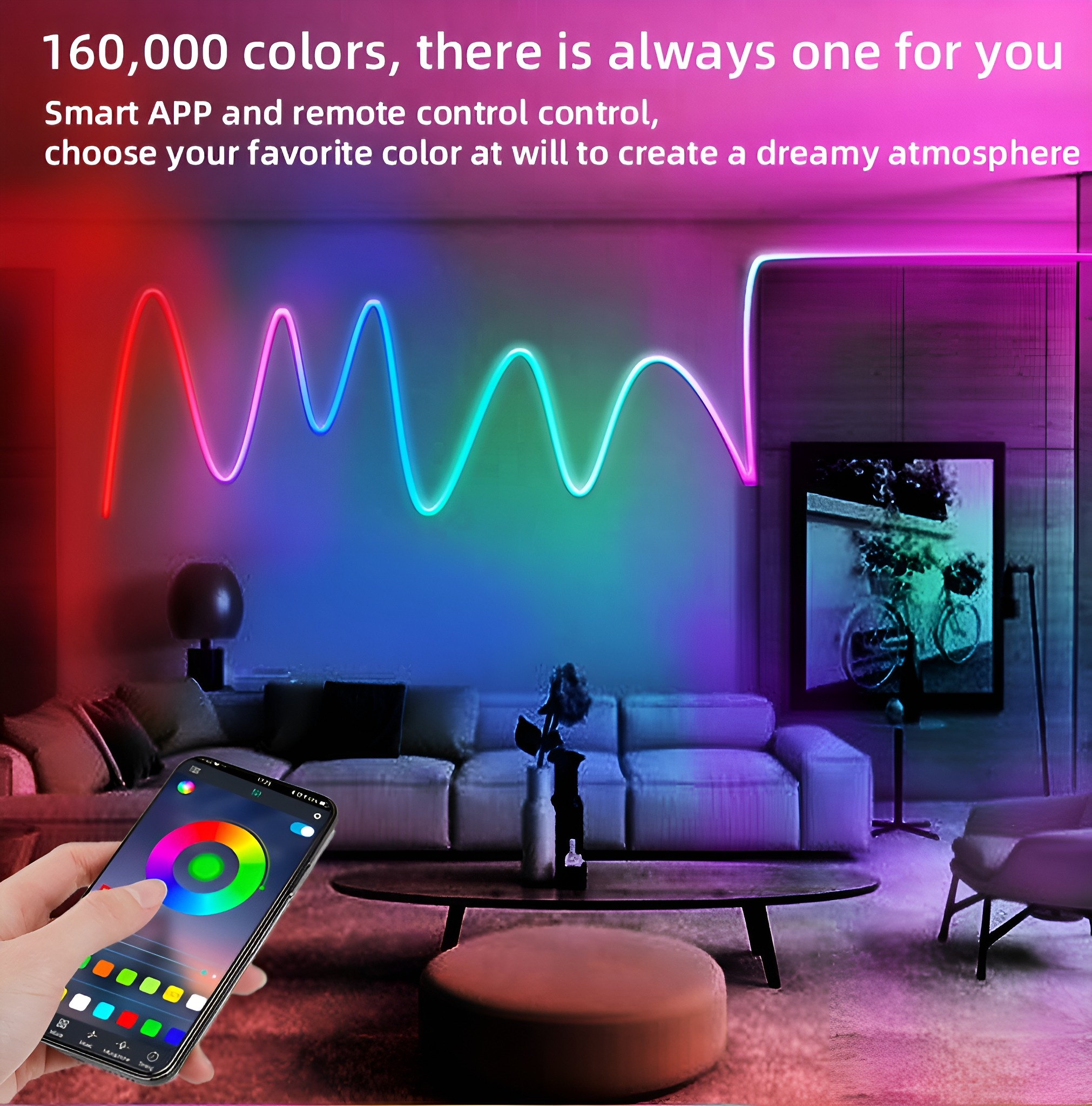 Ein Raum mit bunten Neonlichtern. Eine Hand hält ein Telefon mit Farbrad.