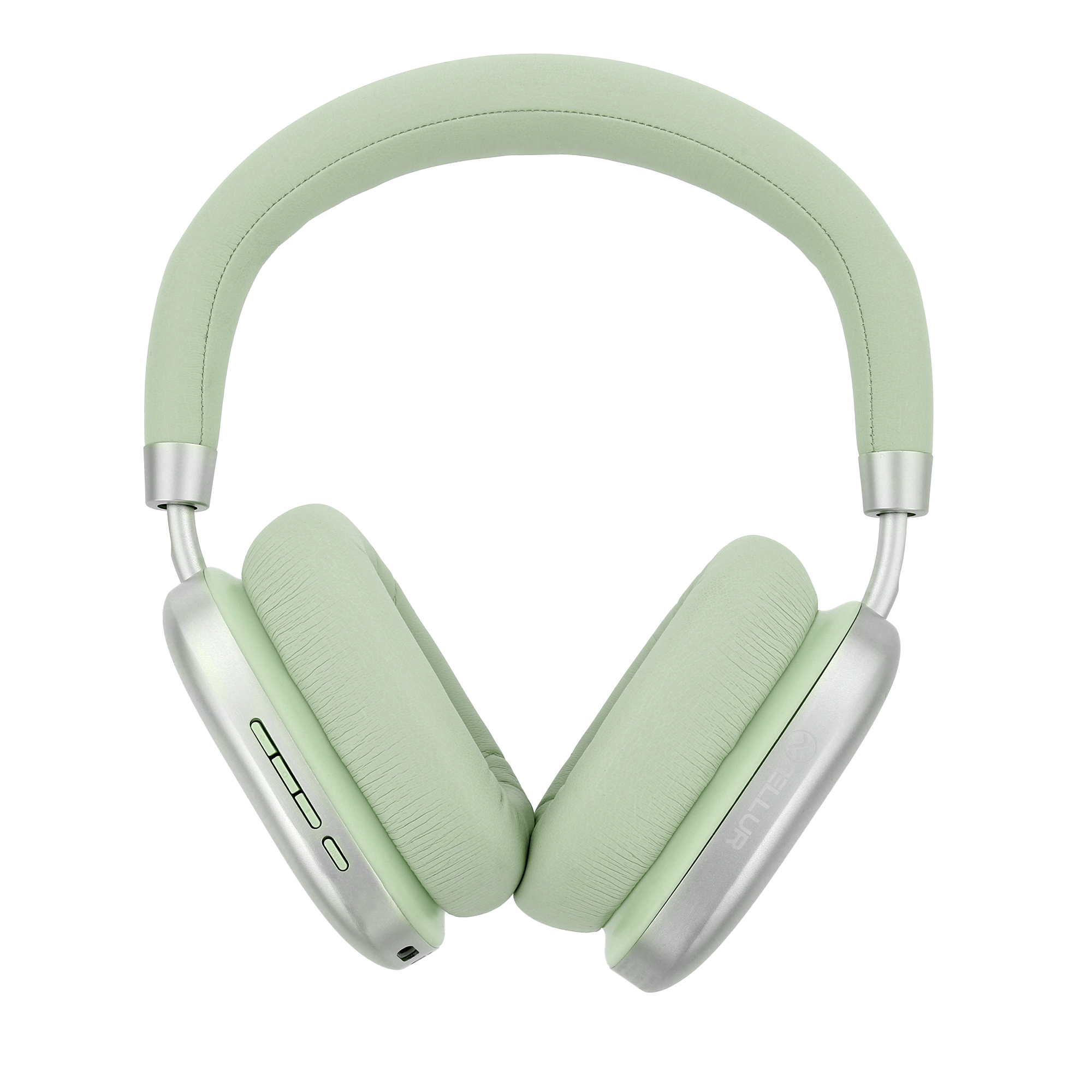 Grüne Kopfhörer sind auf weißem Hintergrund isoliert. Das Design ist modern mit silbernen Akzenten.