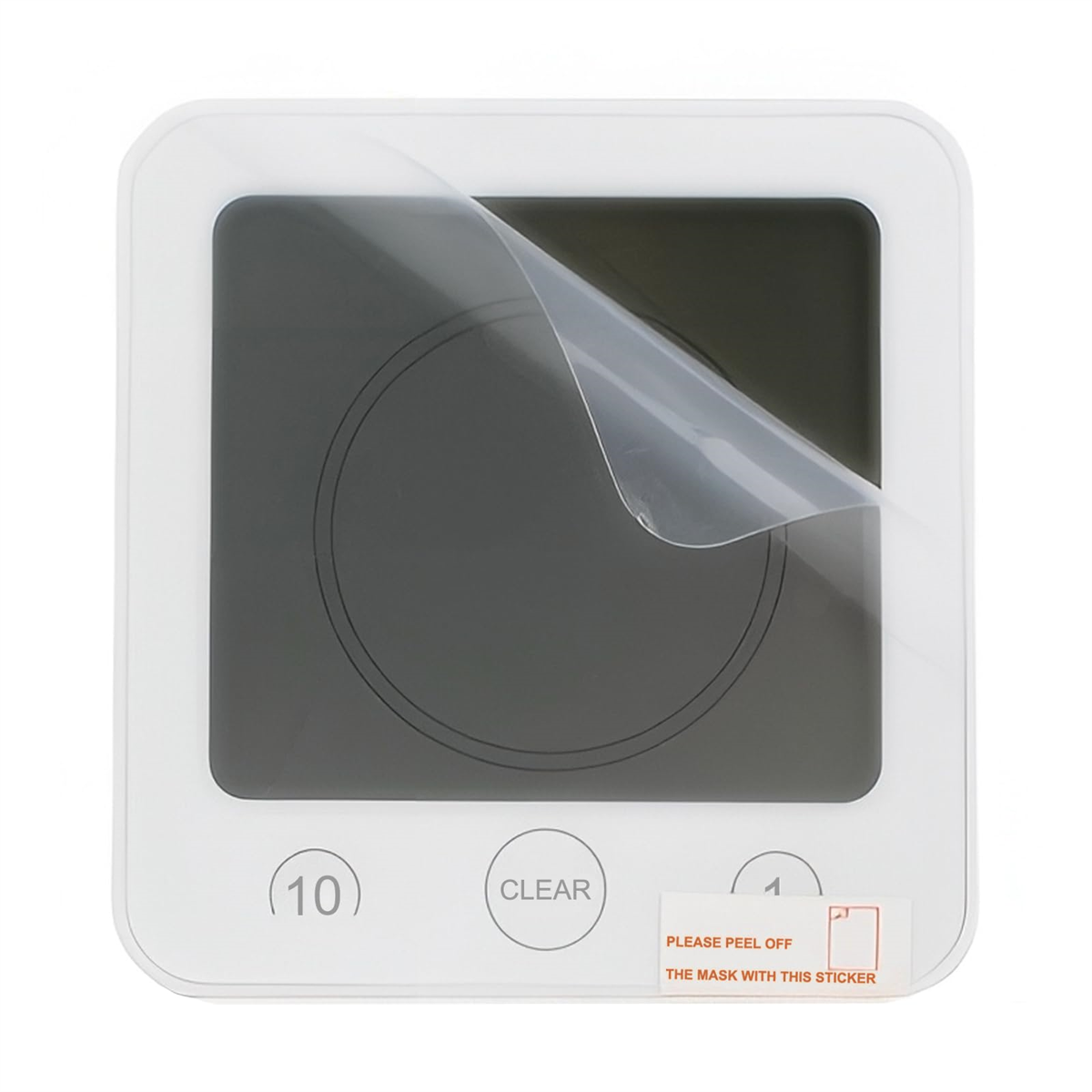 Weißer quadratischer Timer mit schwarzem Display, abgedeckt durch einen Abziehaufkleber. Tasten für 10, löschen und addieren.