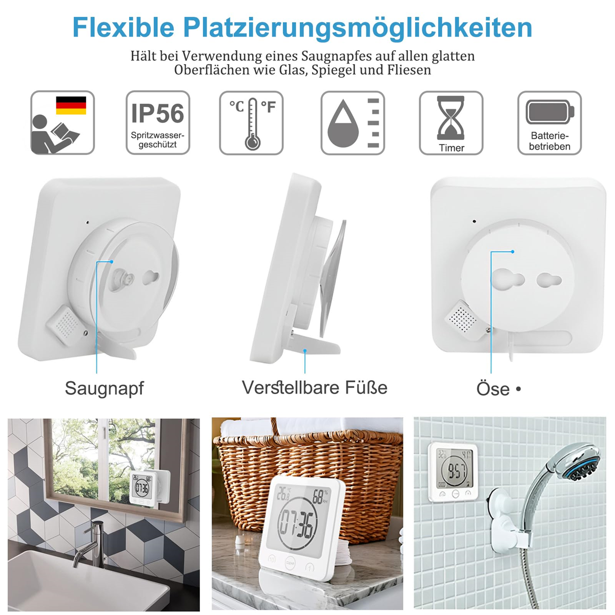 Drei Beispiele eines weißen Badezimmer-Timers. Der Timer zeigt Zeit und Temperatur.