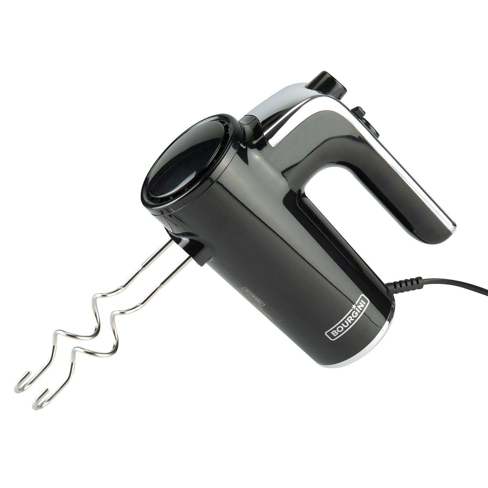 A black hand mixer with stainless steel beaters on a white background.