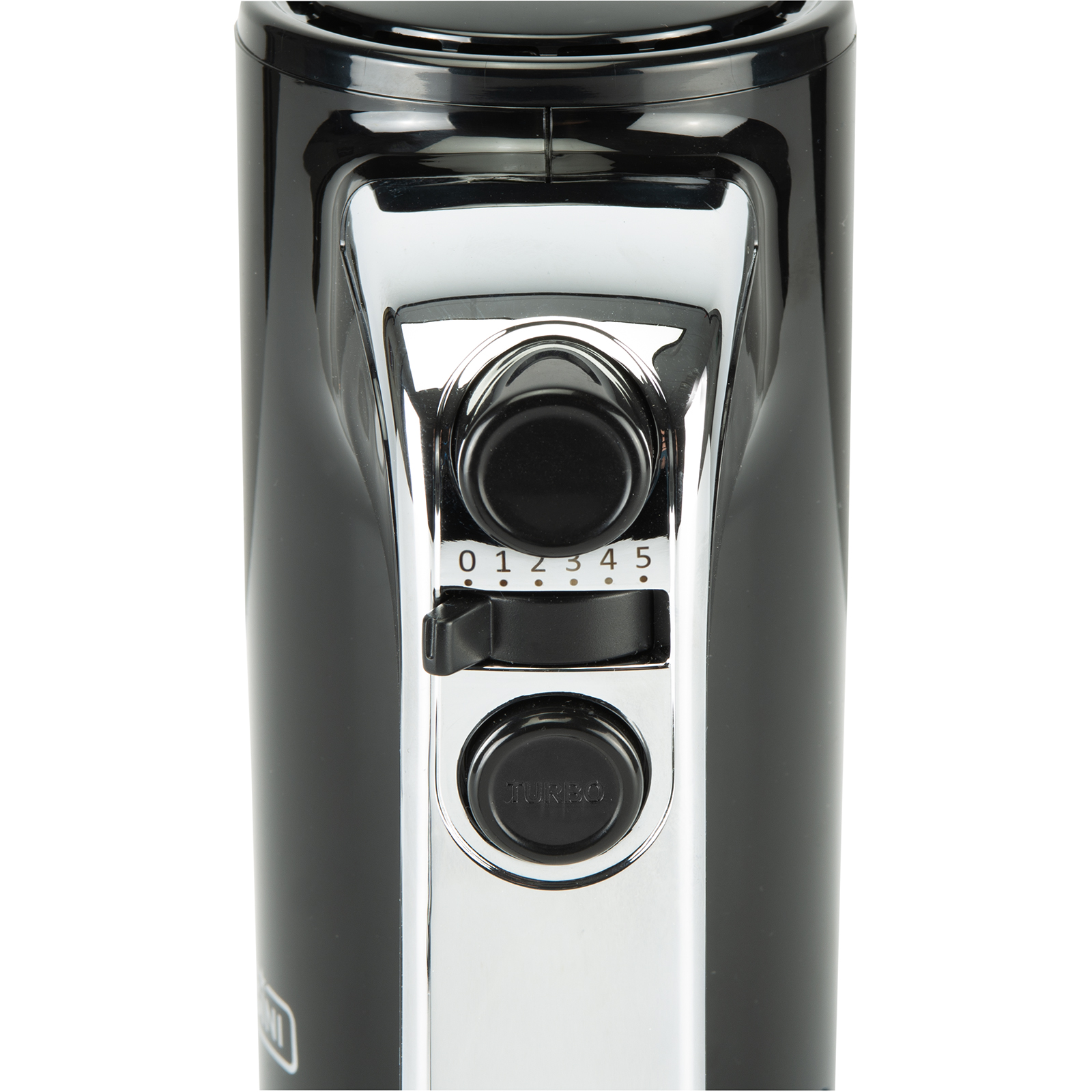 Black hand mixer with speed control and turbo button. Chrome accents. White background.