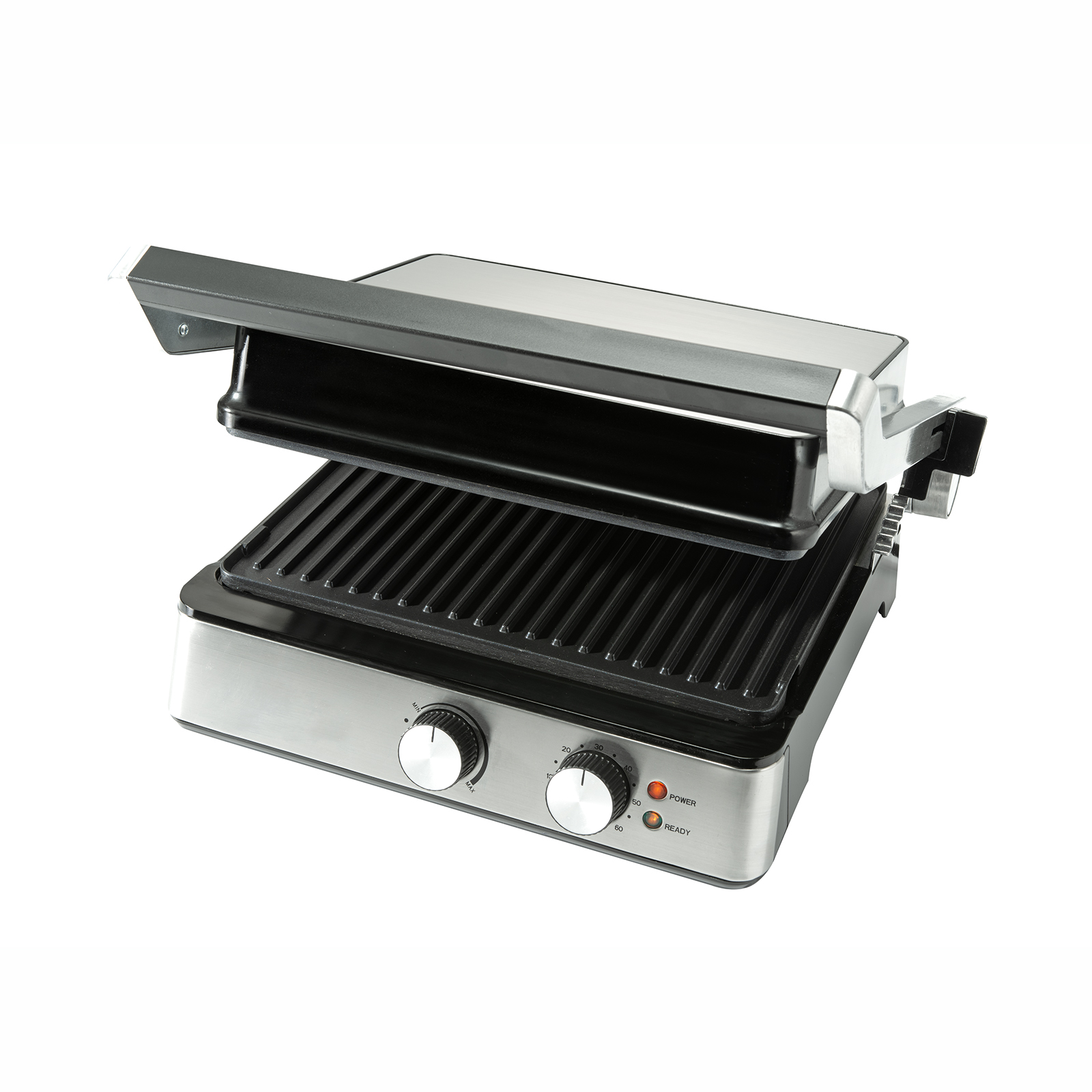 Srebrno-czarny grill elektryczny, otwarty, z płytami do grillowania, ze wskaźnikami zasilania i gotowości.