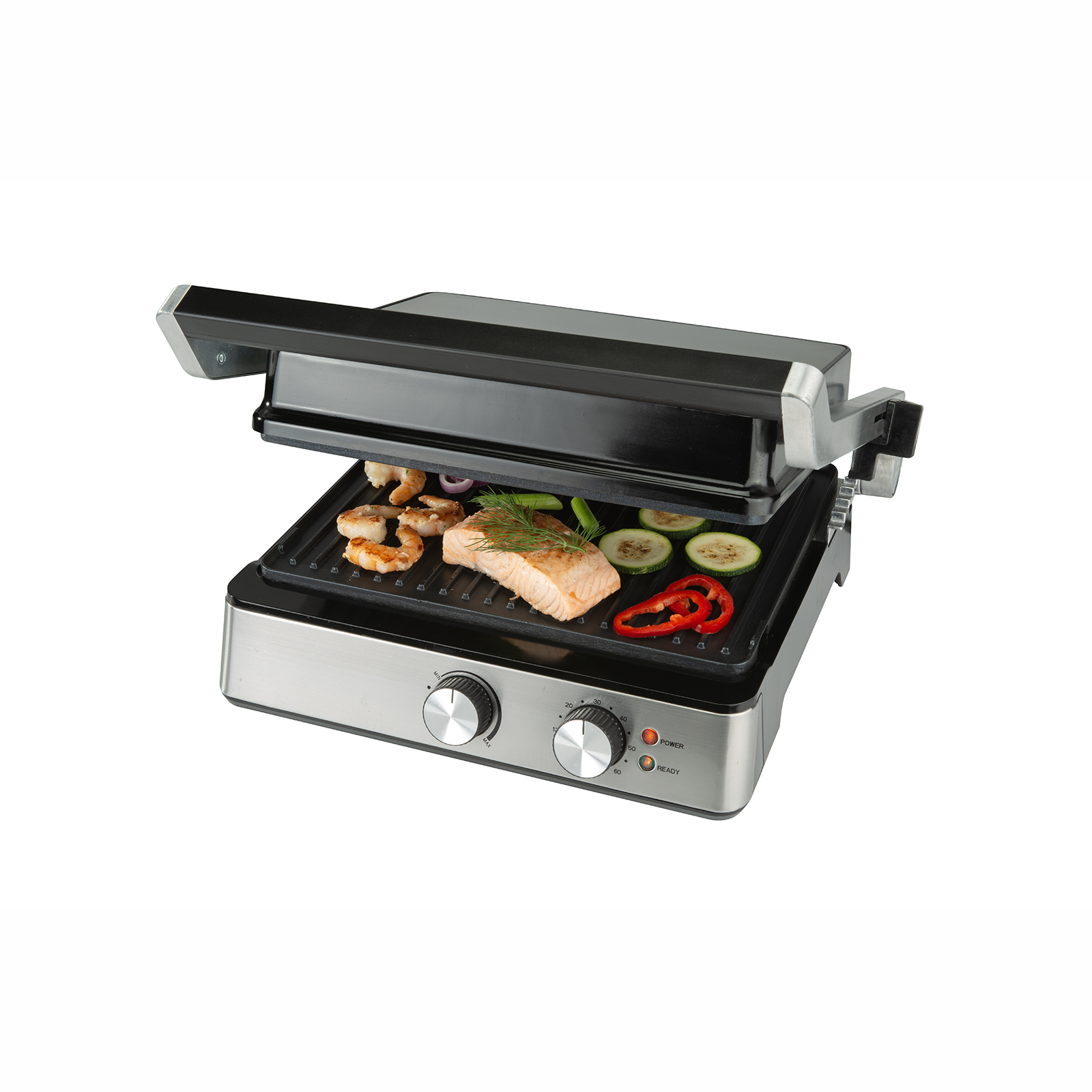 Grill z krewetkami, rybą i warzywami; srebrny i czarny.