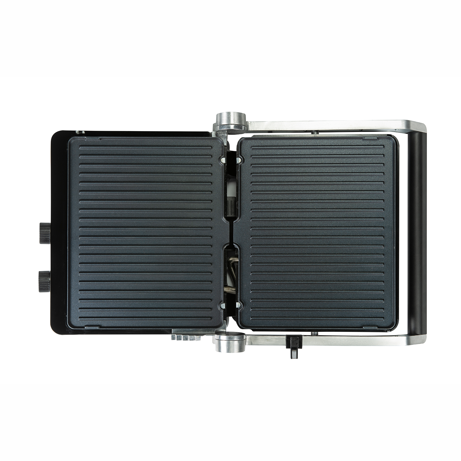 Otwarty grill z czarnymi płytami do grillowania i akcentami ze stali nierdzewnej.