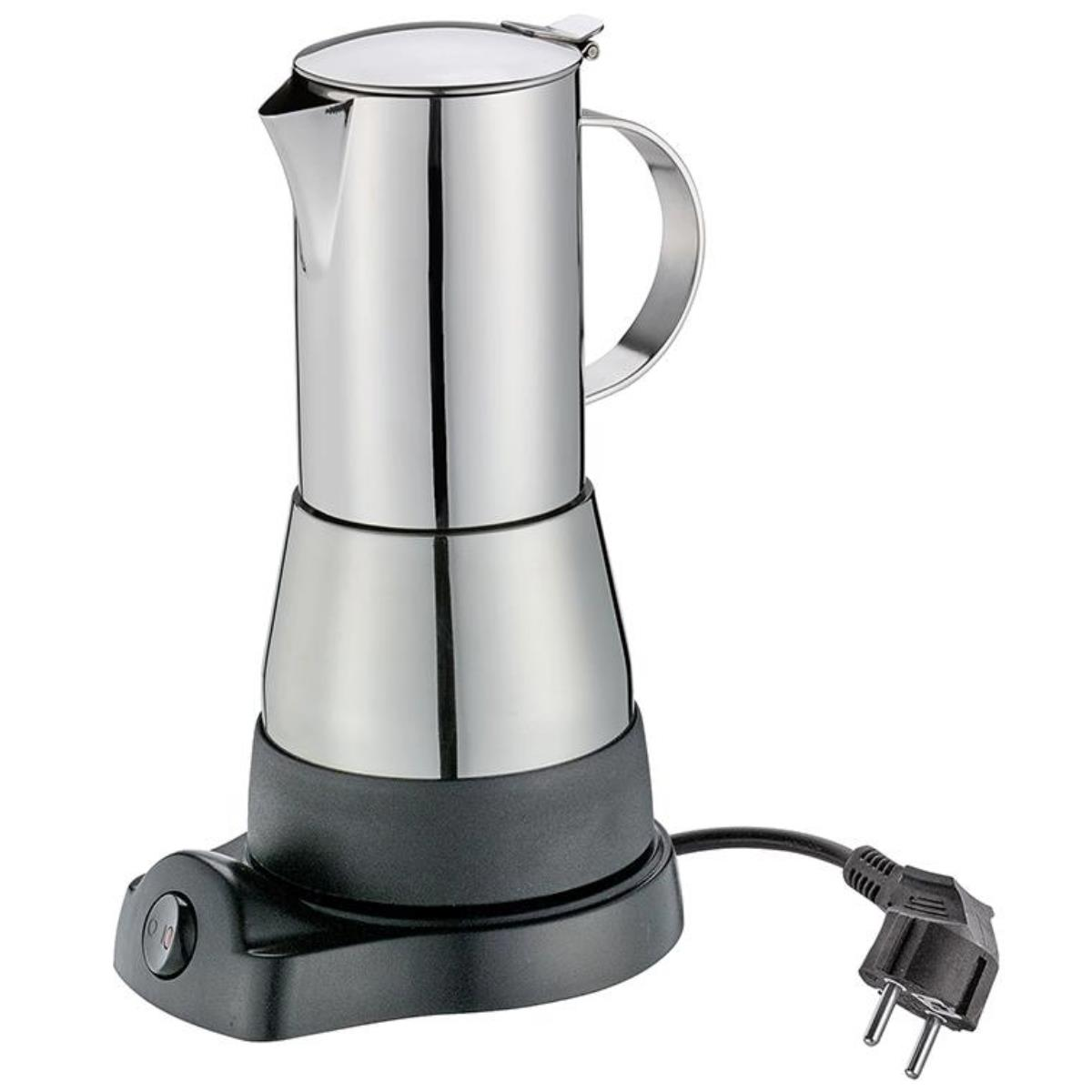 Silberner Espressokocher mit schwarzem Sockel und Kabel.