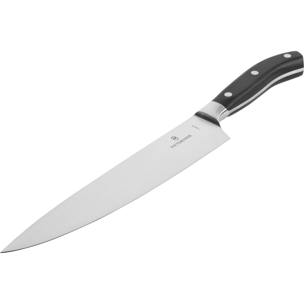 Edelstahl-Kochmesser mit schwarzem Griff, schräg auf weißer Oberfläche.