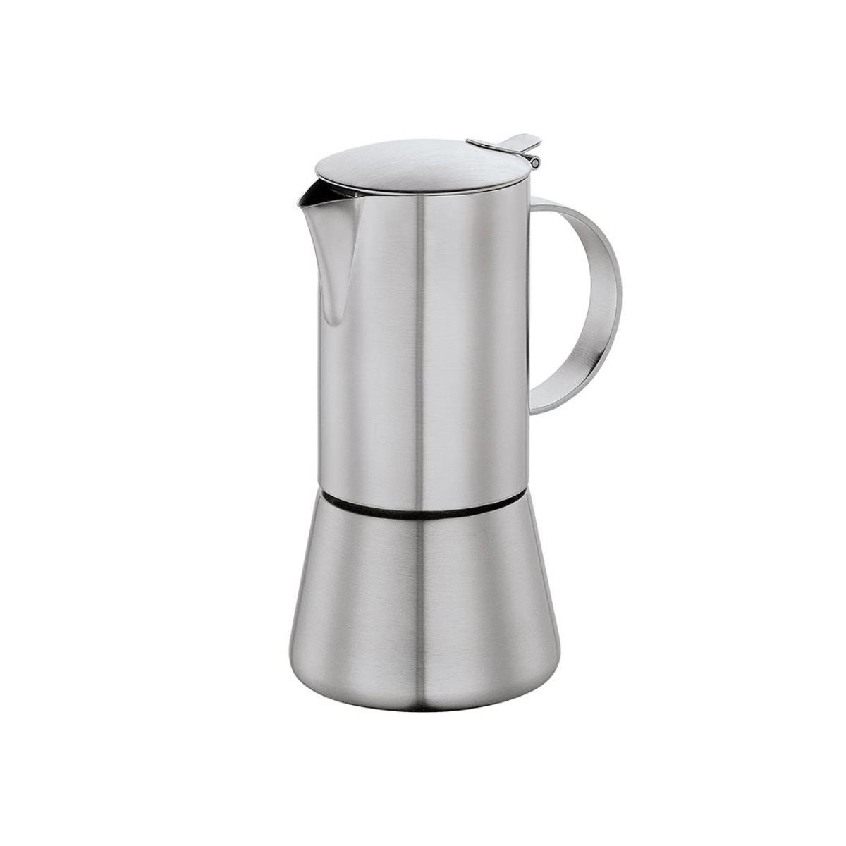Eine glänzende Edelstahl-Kaffeemaschine mit Henkel und Deckel, auf weißem Hintergrund.