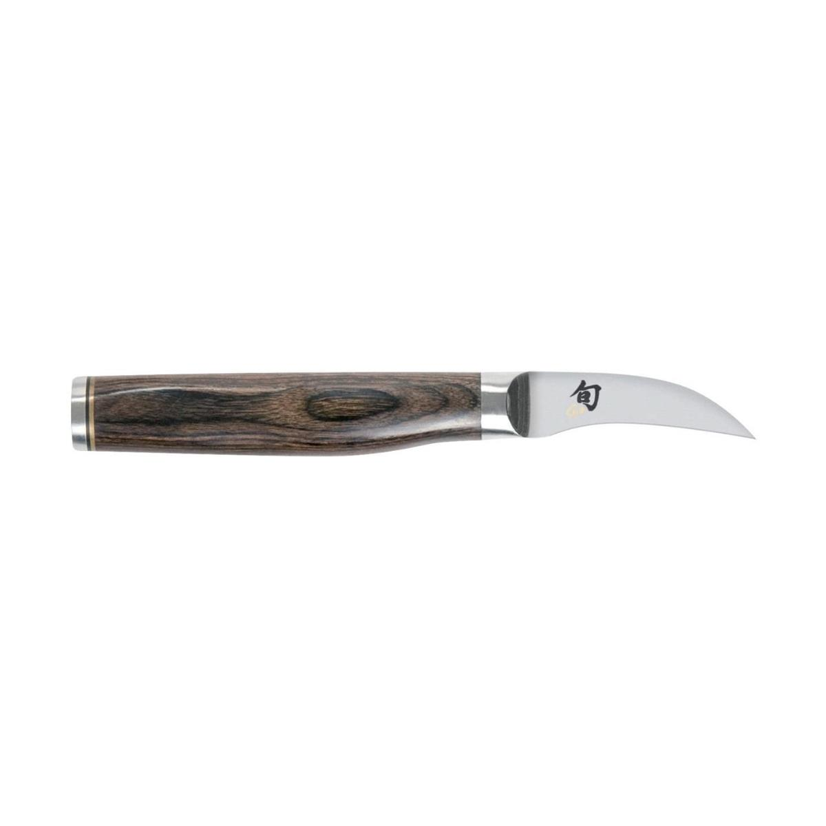 Ein Messer mit gebogener Klinge und Holzgriff. Die Klinge hat ein Design.