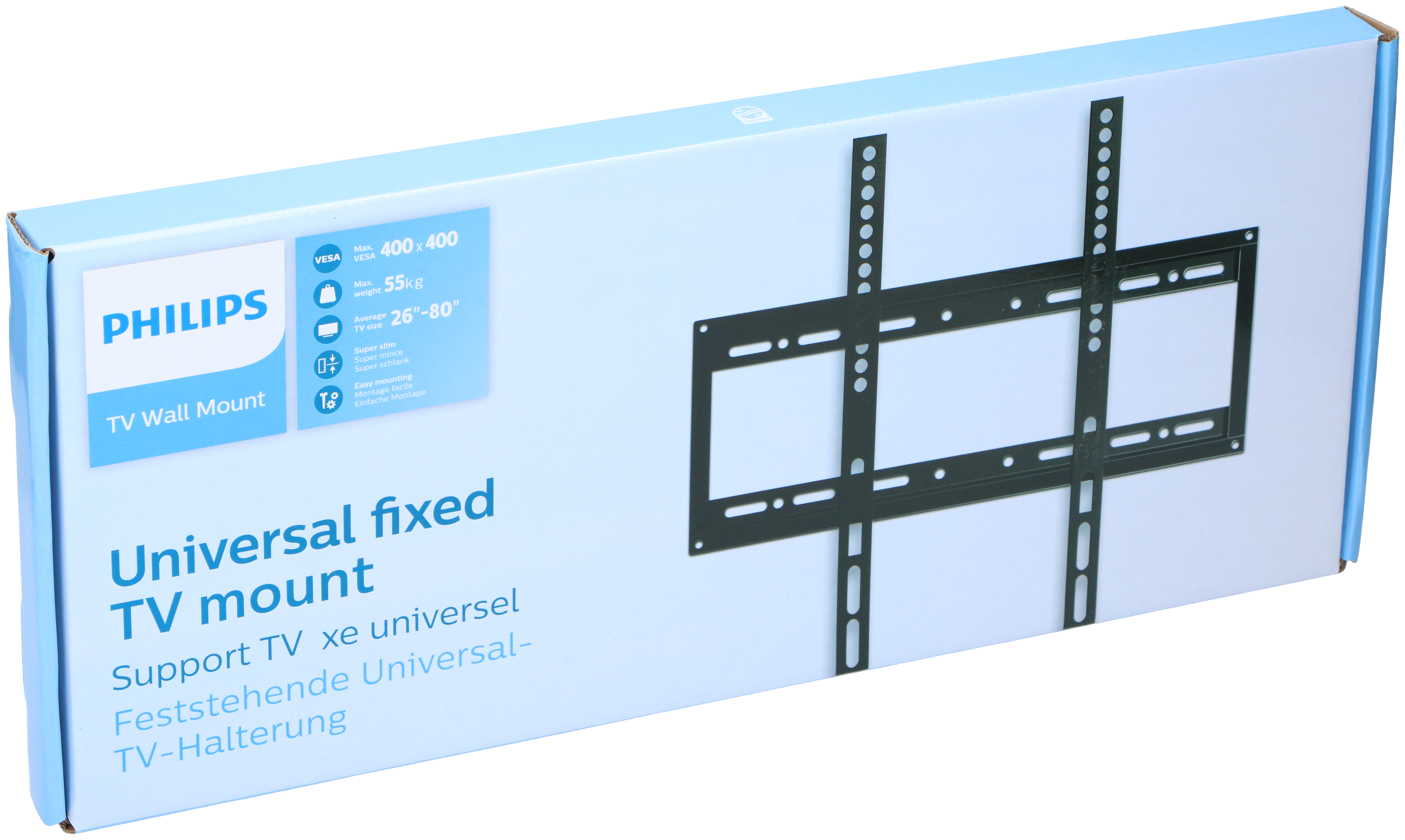 Doos met Philips TV Wall Mount tekst. Het bevat een montagebeugel en technische specificaties.