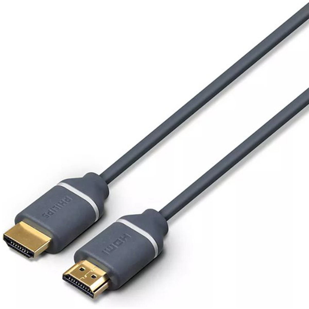 HDMI-kabel, grijs met gouden connectoren. De connectoren hebben het woord 'PHILIPS' en 'HDMI'.