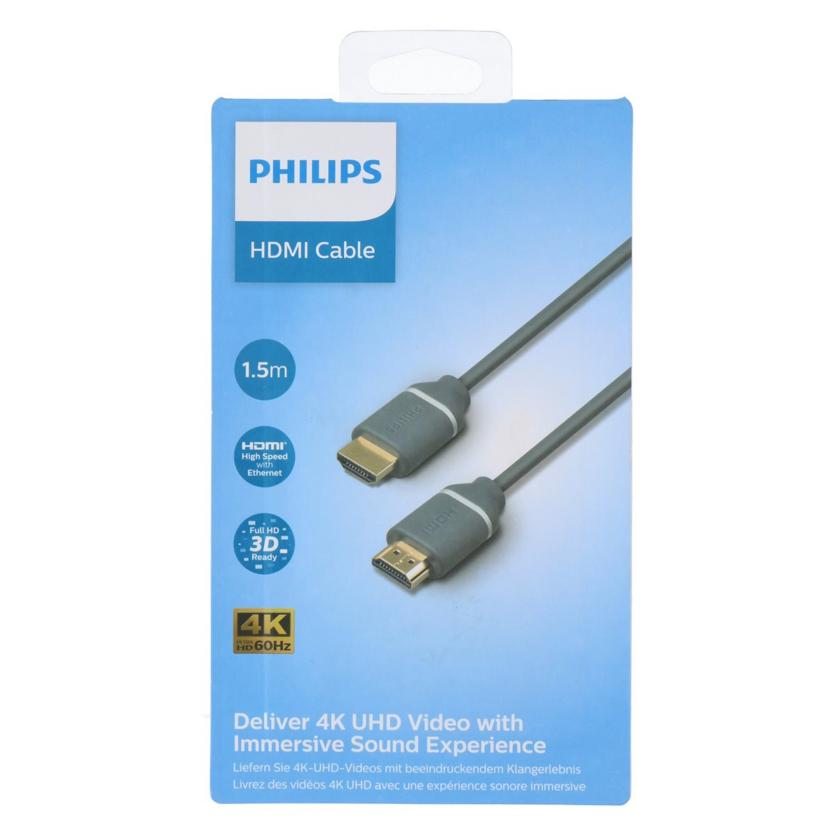 Philips HDMI-kabelverpakking. Grijze kabel, witte achtergrond en productspecificaties. 4K UHD.