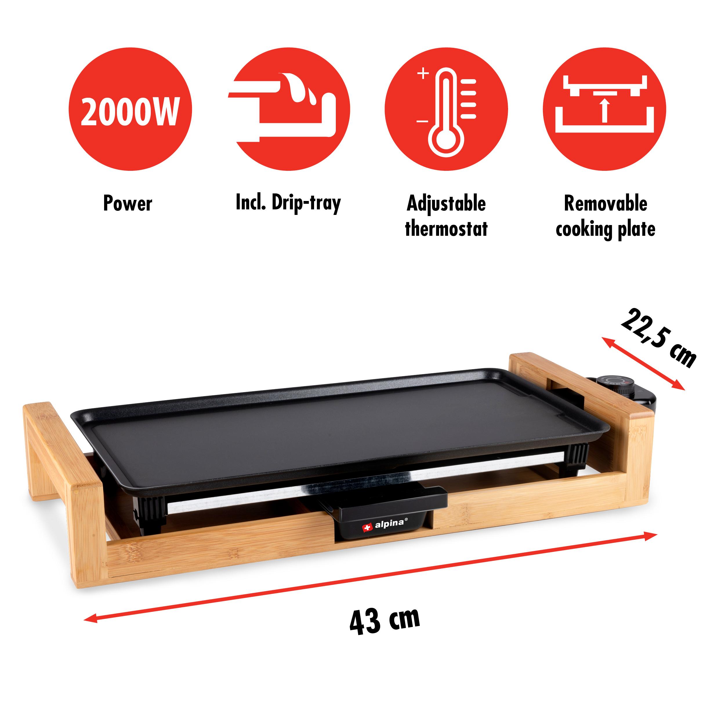 Black and wood electric grill. Displays power, drip-tray, thermostat, and removable cooking plate.