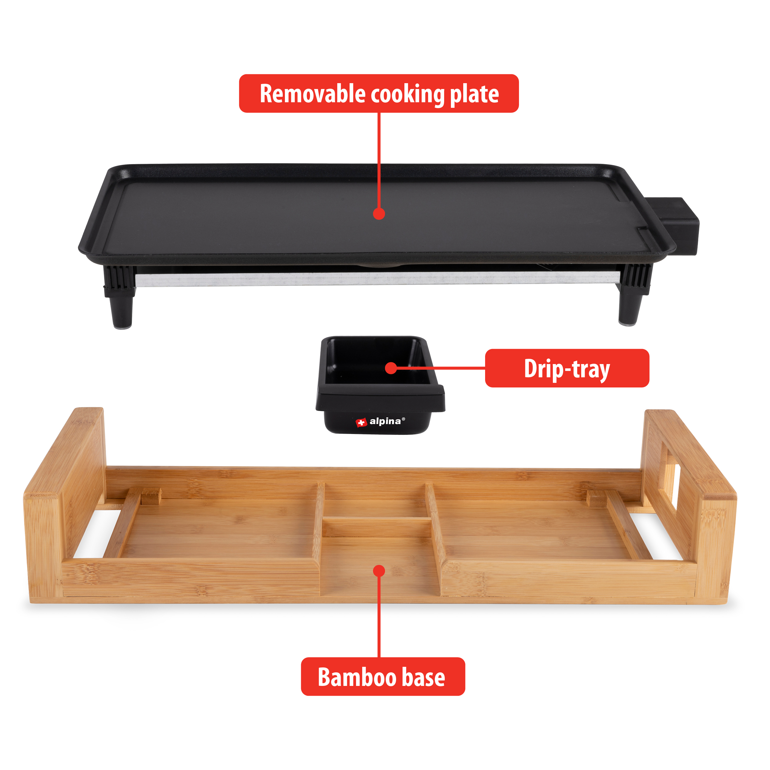 Grill with removable plate, drip-tray and bamboo base on a white backdrop.
