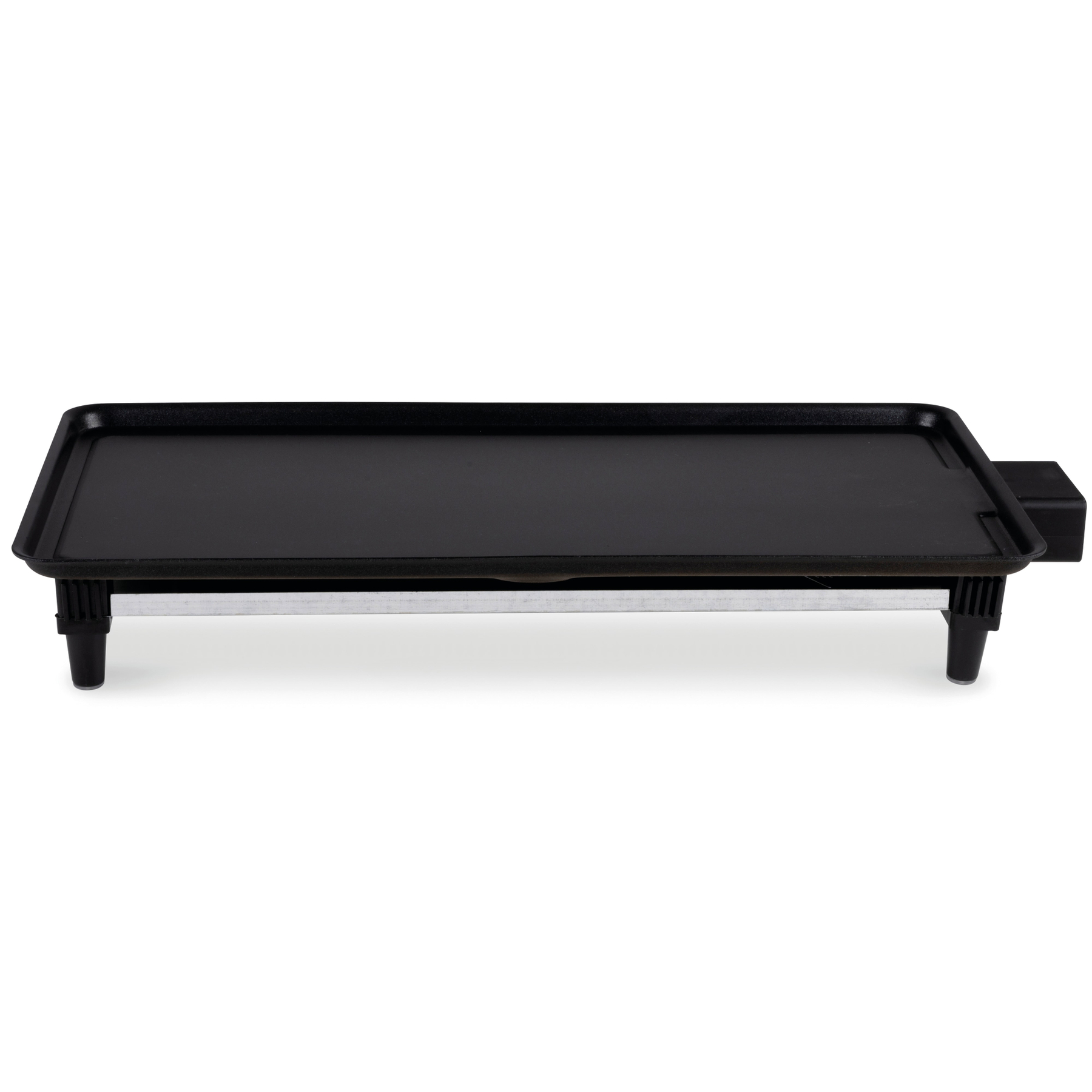 Black electric griddle. Rectangular shape with four legs. Control on the side.