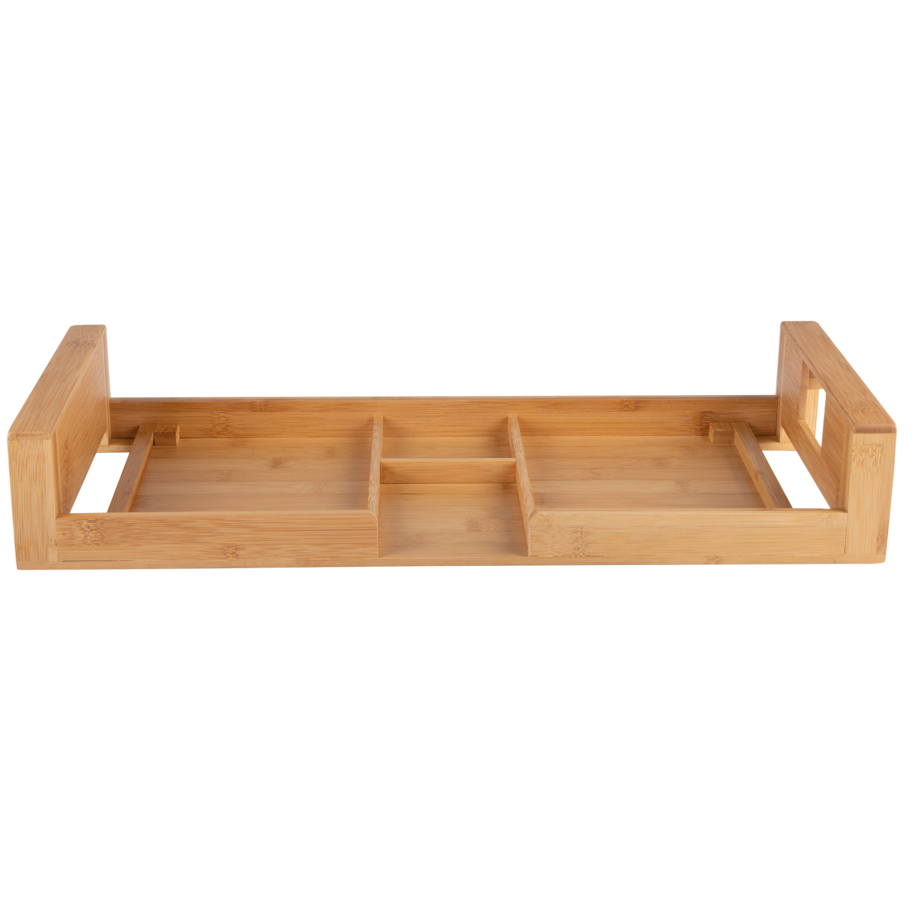 Bamboo shelf with three compartments and cut-out handles on the side, isolated on white.