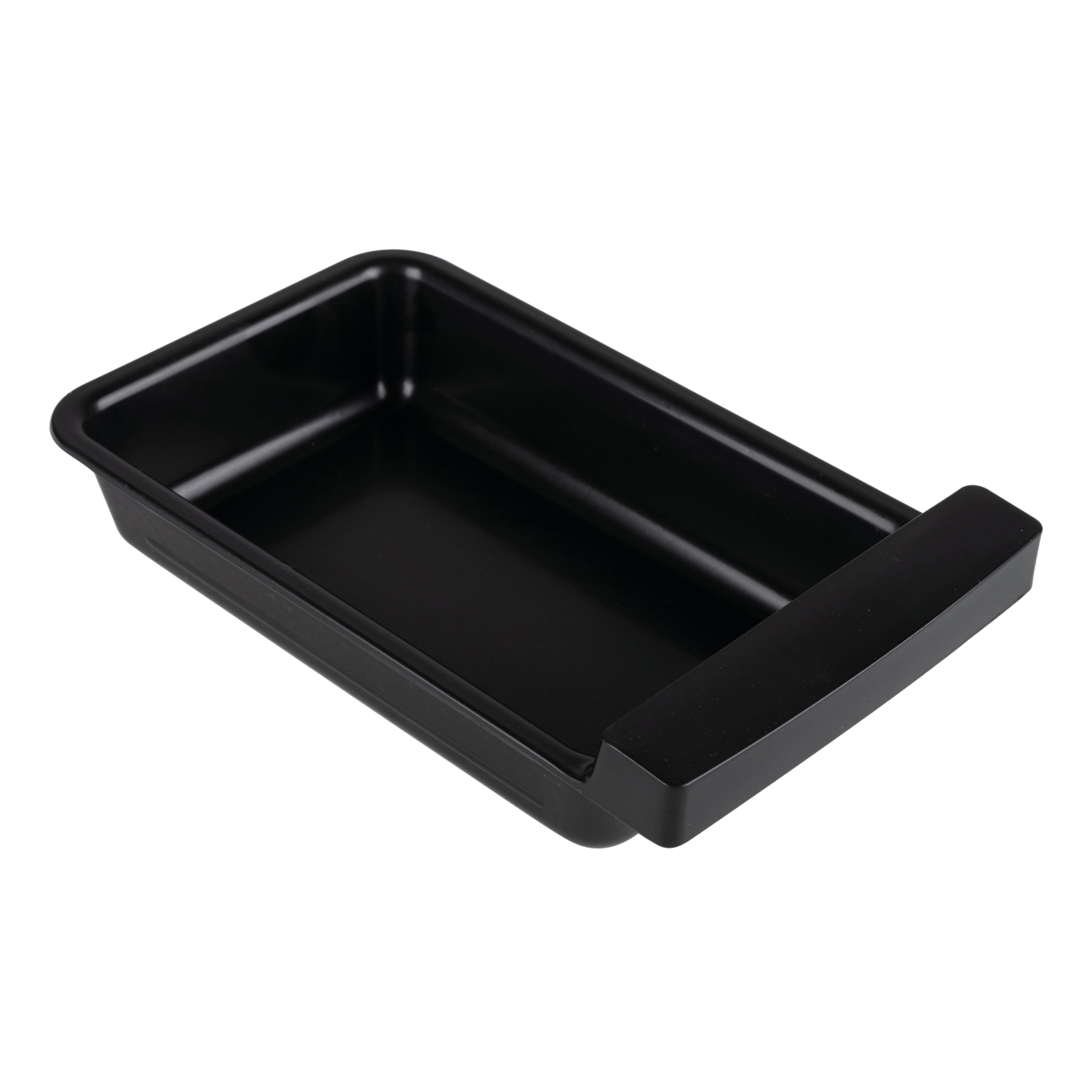 Black plastic tray with a handle on the right side. The tray is empty and has a rectangular shape.