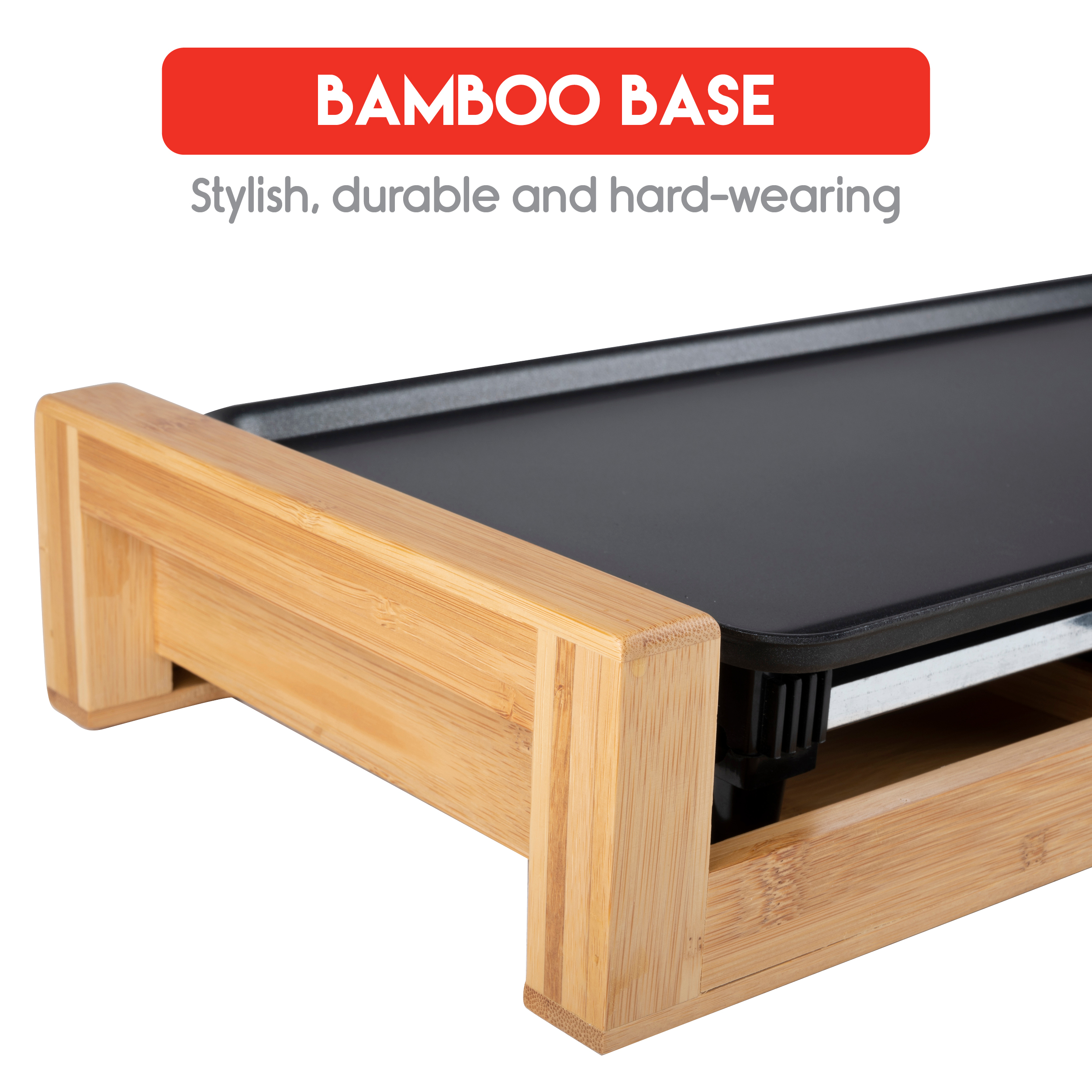 Bamboo base of a griddle. It's sturdy, stylish, and hard-wearing. The griddle is on top.
