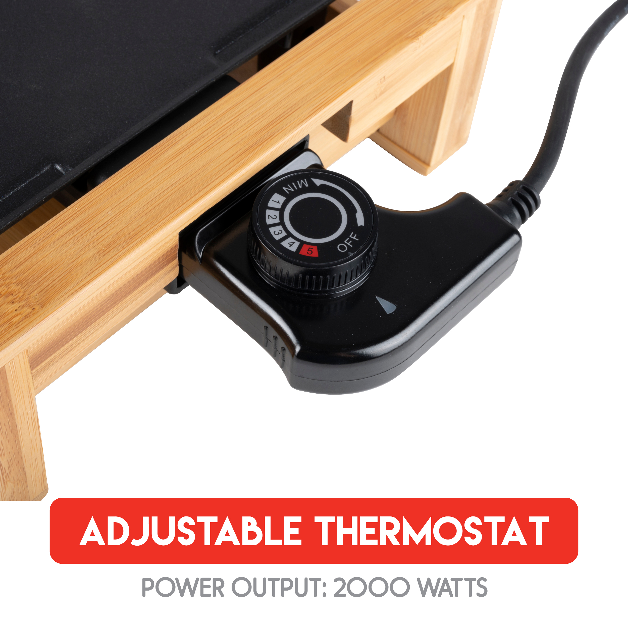 Adjustable thermostat on a bamboo grill.
