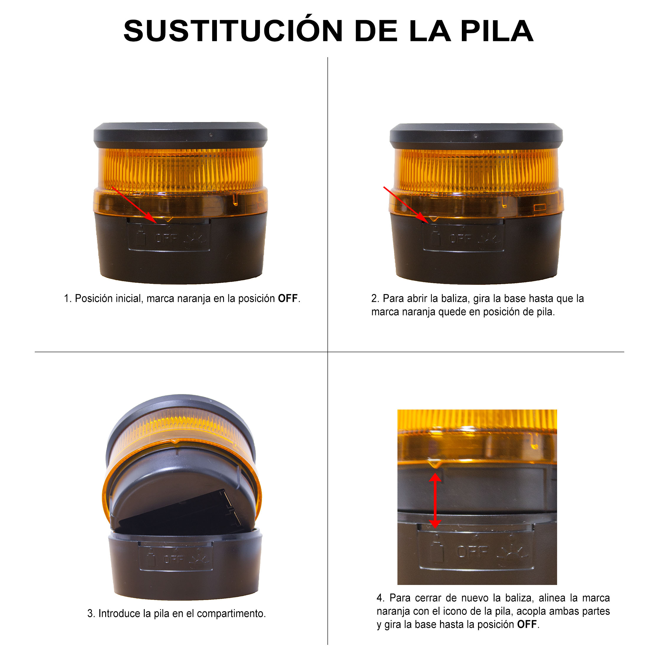 Diagrama que muestra cómo reemplazar una batería en una luz de emergencia naranja.