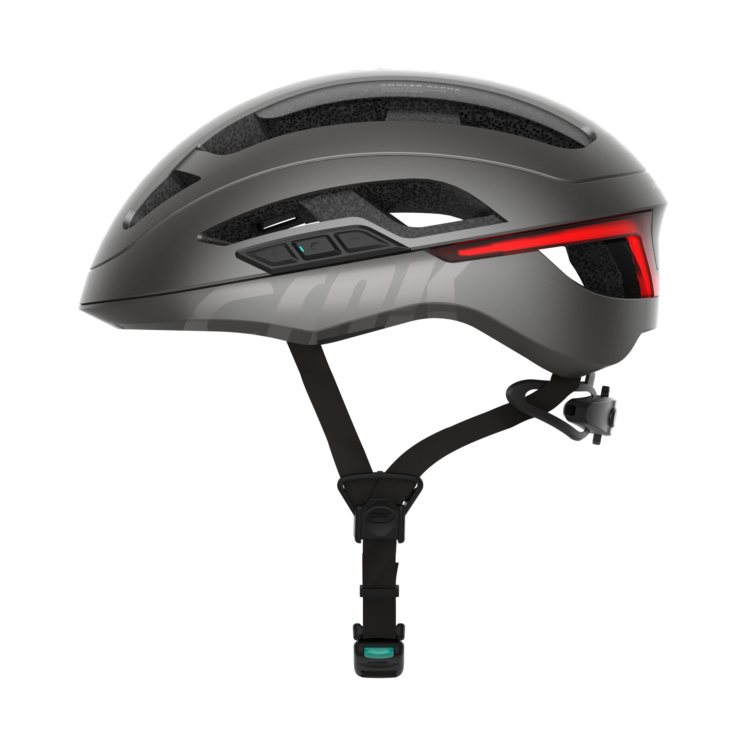 Grauer Fahrradhelm mit rotem Rücklicht. Hat einen schwarzen Riemen und ein Logo an der Seite.