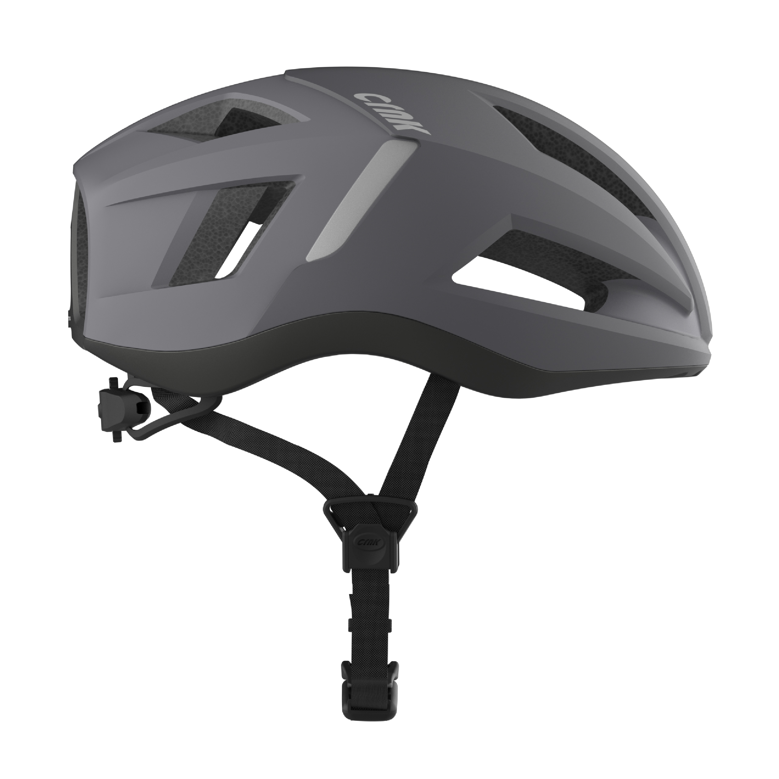 Grauer Fahrradhelm mit schwarzen Riemen und einem Verstellmechanismus.