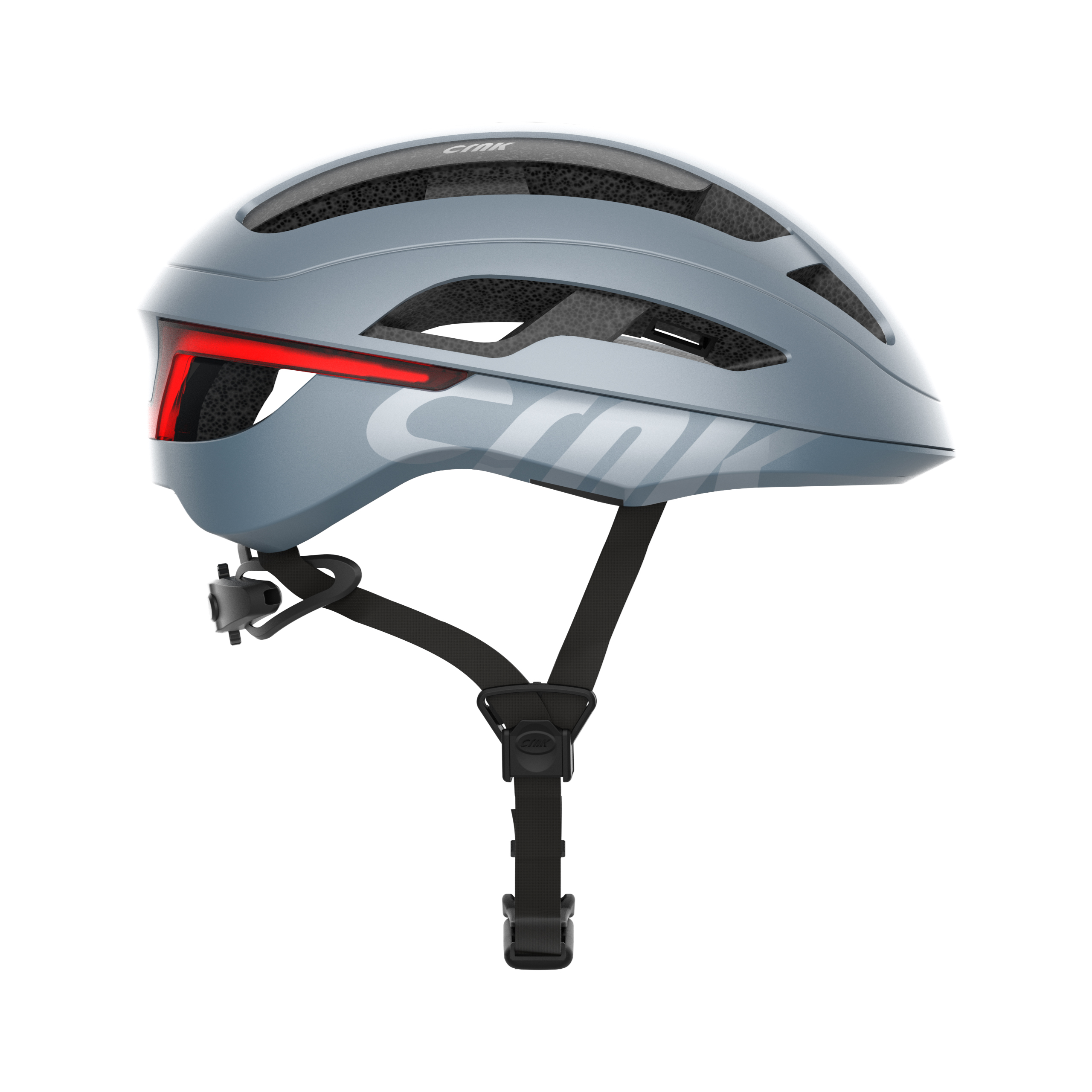 Ein grauer Fahrradhelm mit rotem Licht und 'CRNK'-Logo.
