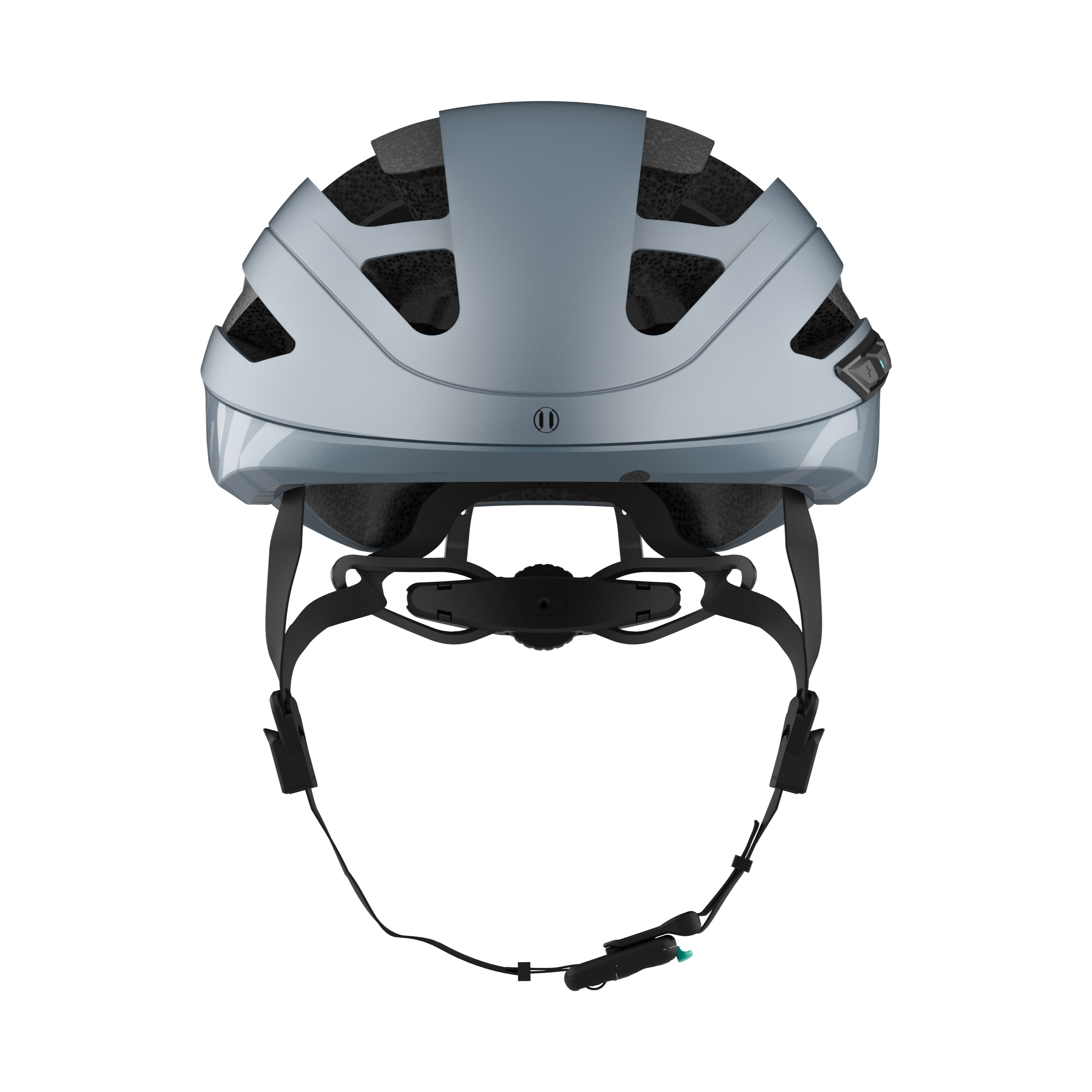 Ein silberner Fahrradhelm mit schlankem Design, verstellbaren Riemen und einem schwarzen Verstellrad.