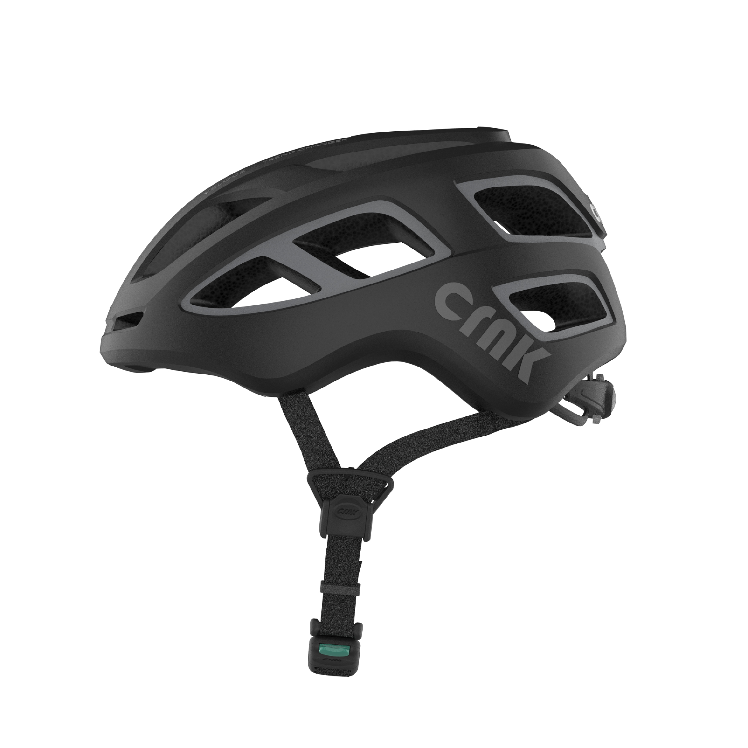 Schwarzer Fahrradhelm der Marke CRNK. Zeigt Form und Design des Helms, Markenname sichtbar.