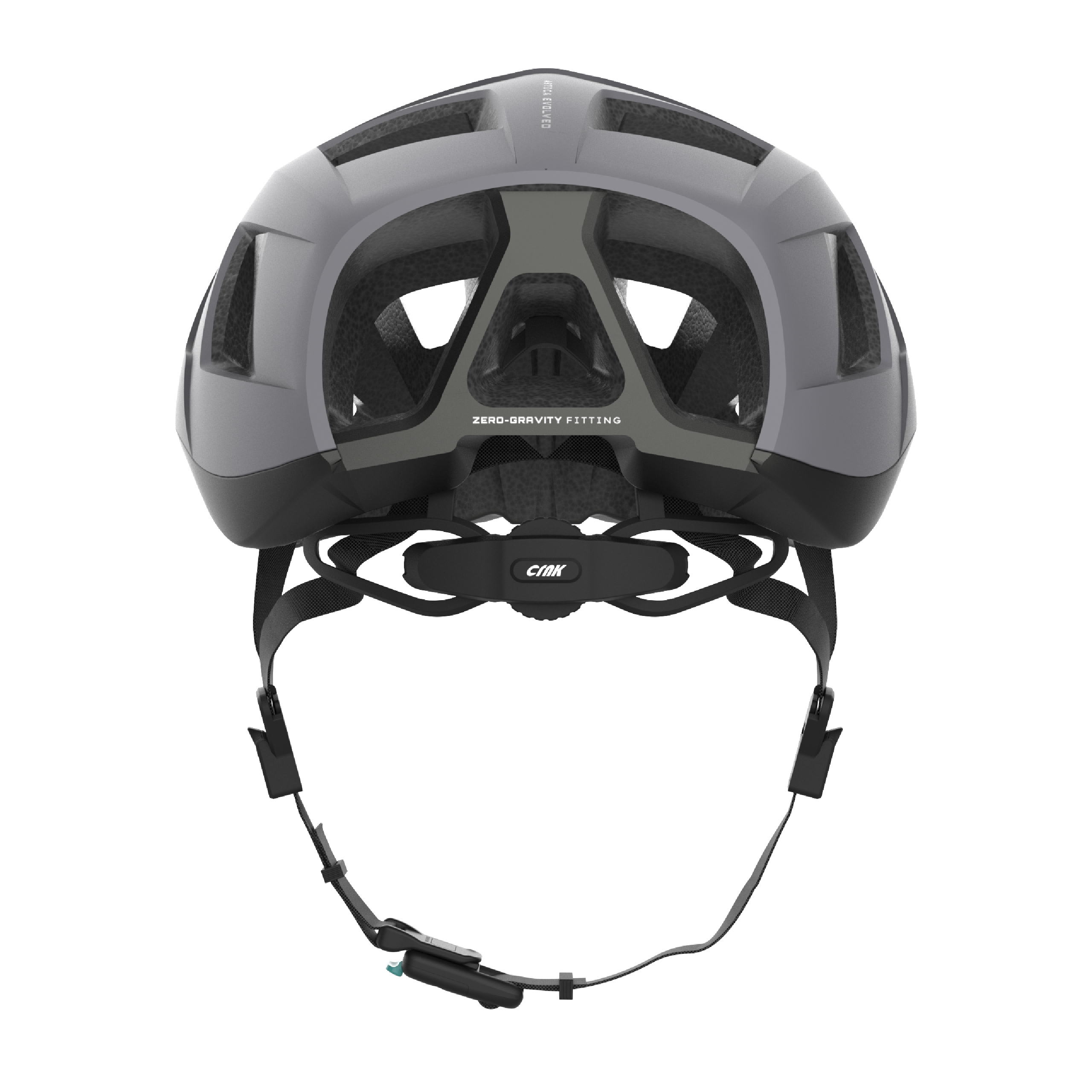 Grauer Fahrradhelm mit schwarzem Riemen und den Worten ZERO-GRAVITY FITTING auf der Rückseite.