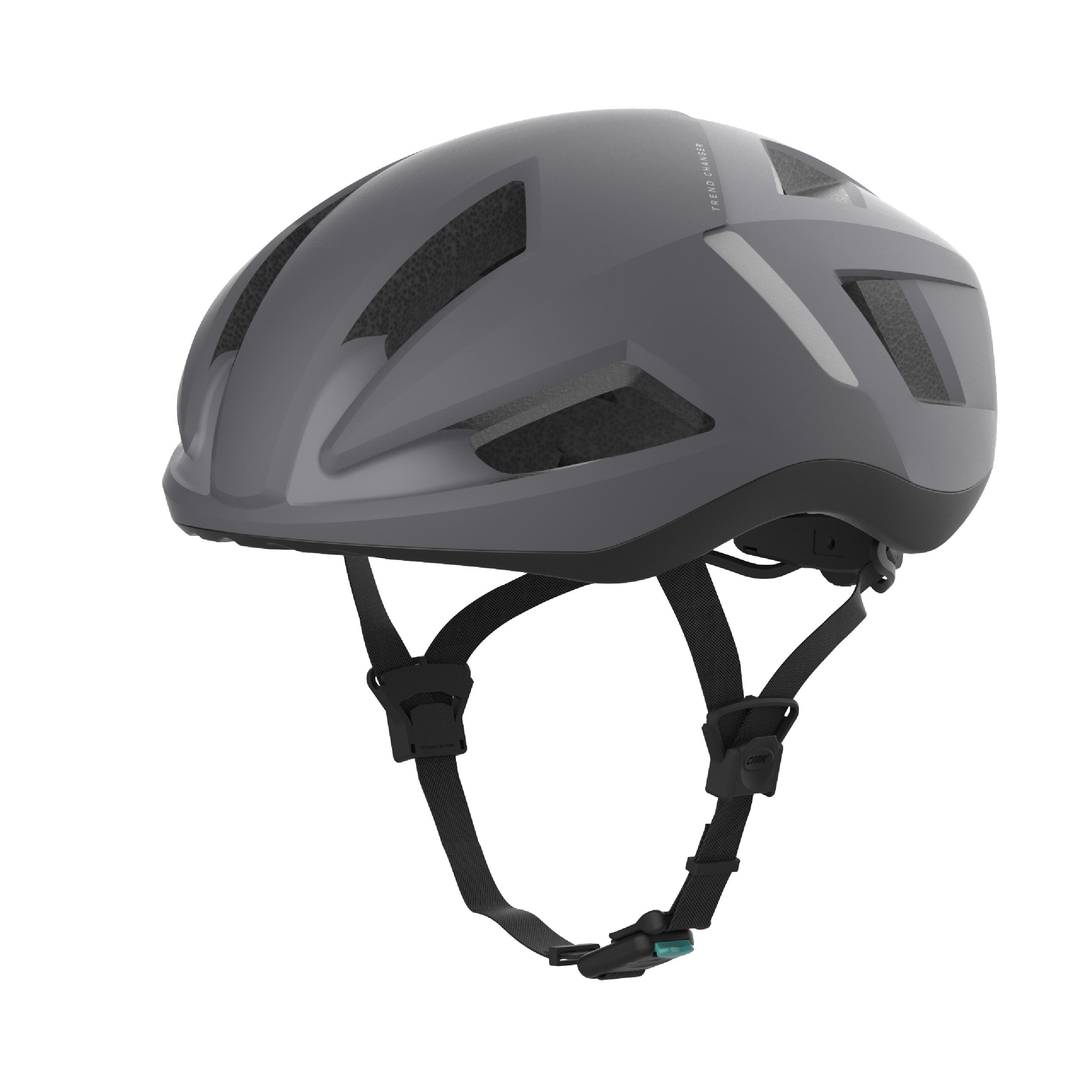 Grauer Fahrradhelm mit schwarzen Riemen, runder Form und Lüftungslöchern.