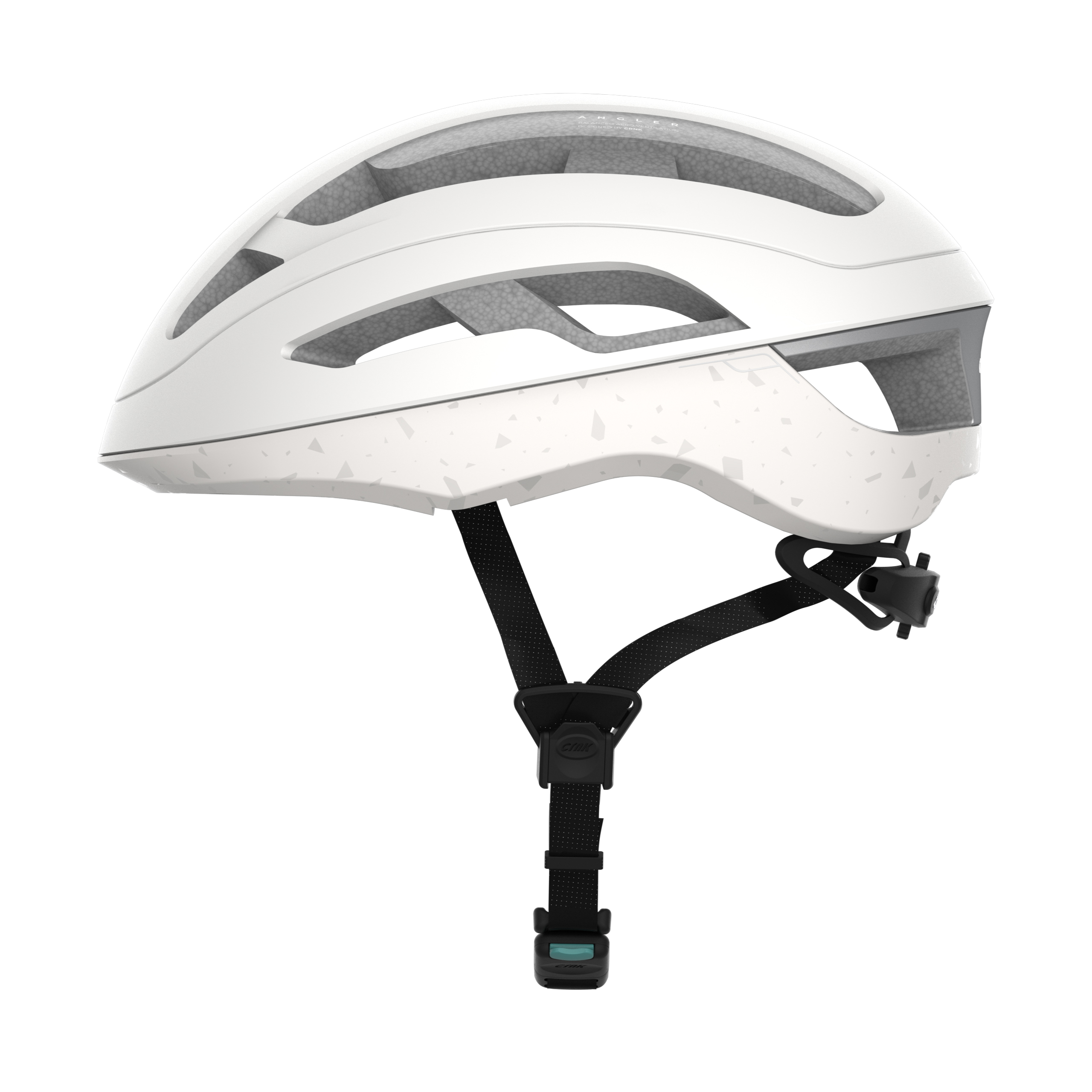 Weißer Fahrradhelm mit Riemen und Licht, für Sicherheit konzipiert.