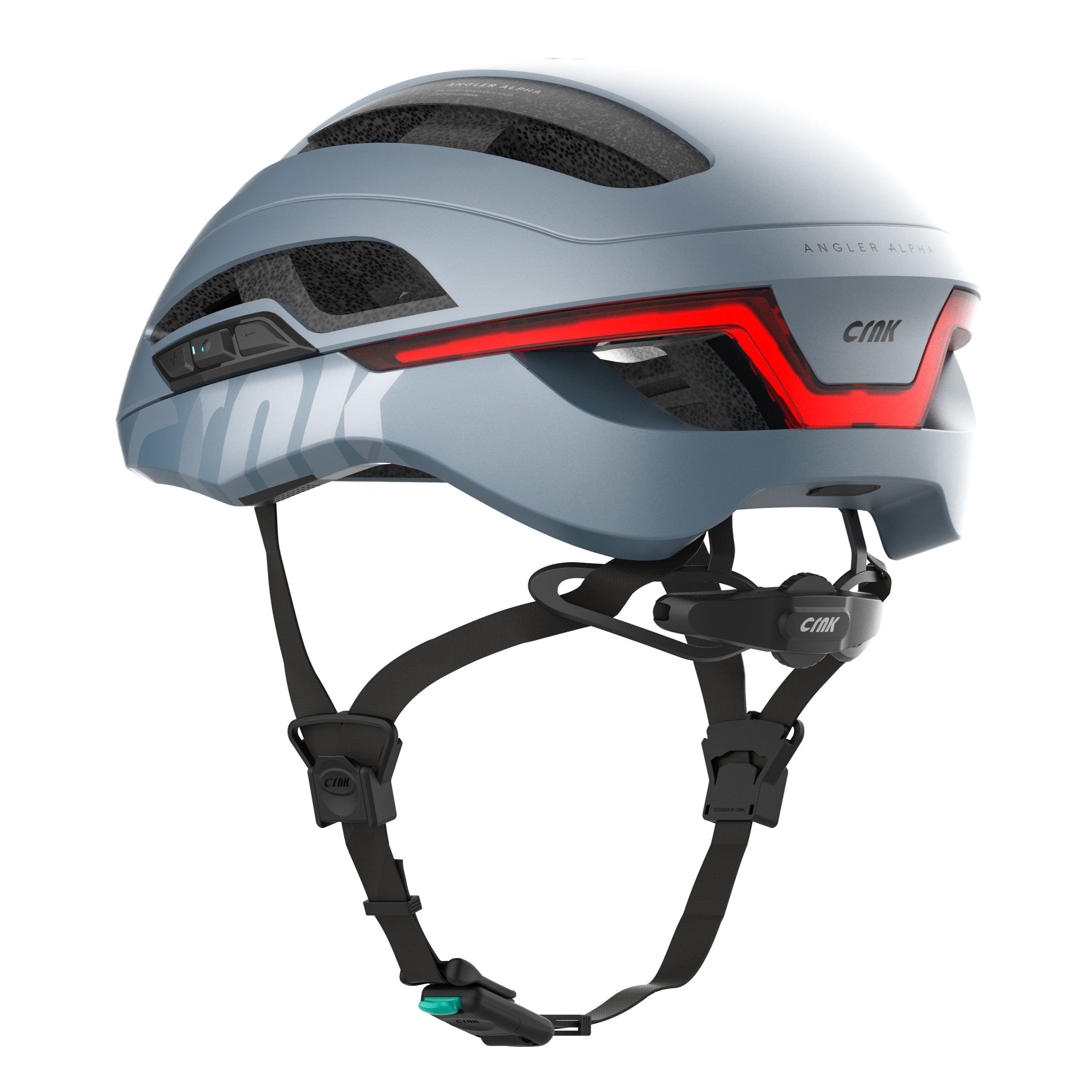 Ein blauer Fahrradhelm mit rotem Licht auf der Rückseite.
